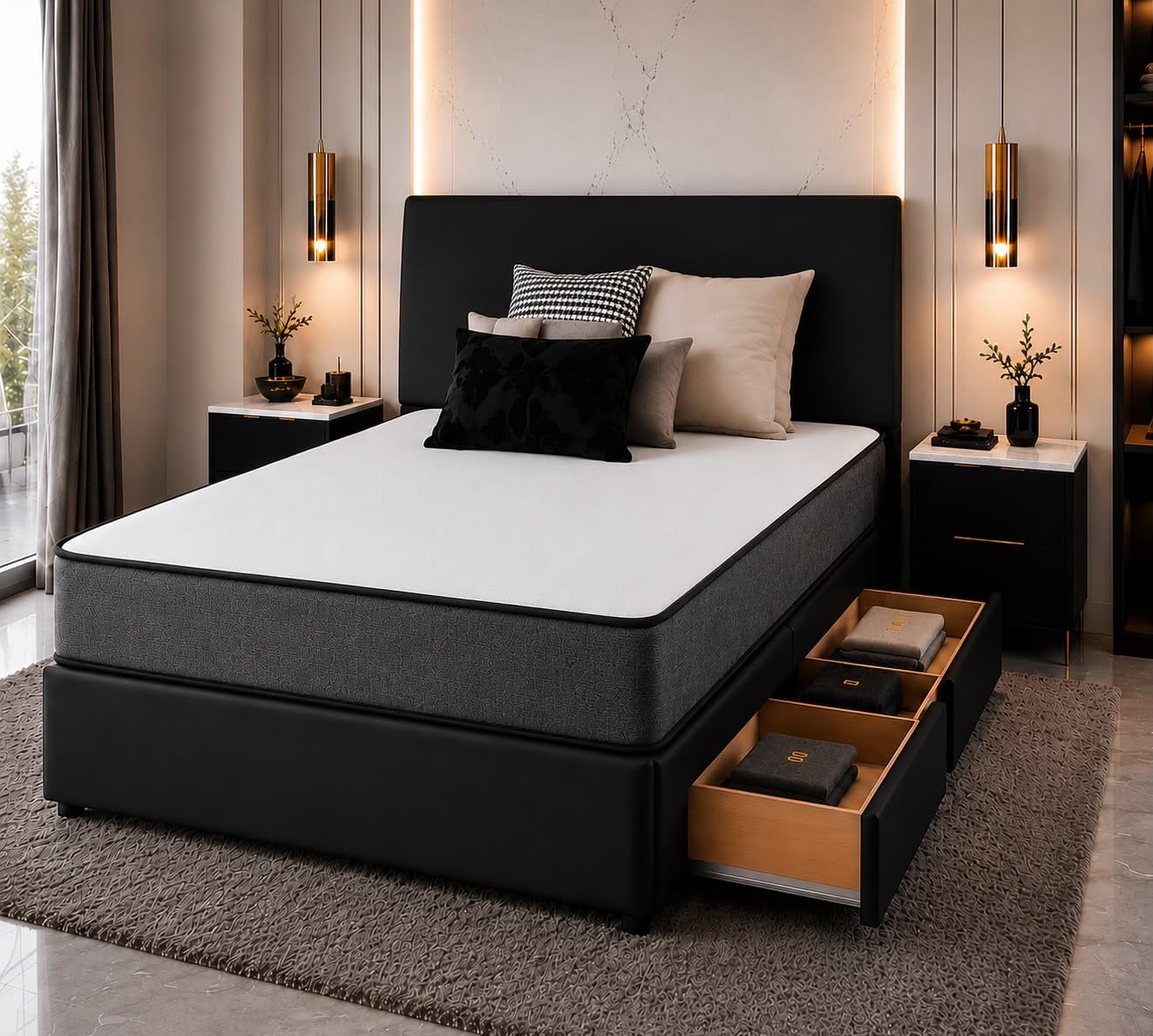 Reliance Ortho Black Divan Bed, Headboard | Mattress | 4 Drawers | 4FT6