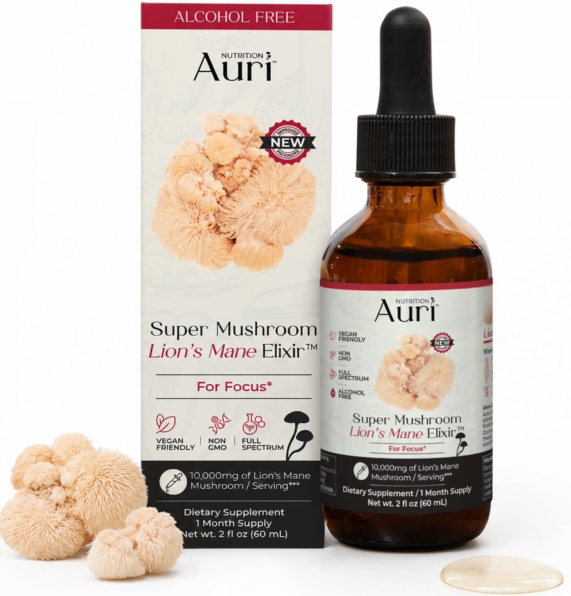 Auri Nutrition Super Mushroom Lion’s Mane Liquid Drops - 2 Fl Oz | 1,000mg 10:1 Extract for Focus, Memory, Clarity. Alcohol-Free, Vegan, Non-GMO Tincture. Made in USA. No Refrigeration Needed.