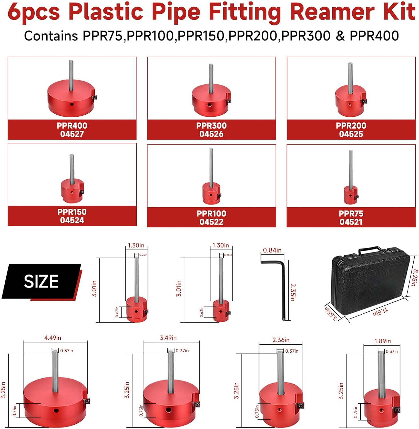PVC Pipe Fitting Reamer 6 PCS Kit fit into Standard 1/2" Drills PVC Pipe Reamer Tool Contains PPR75, PPR100, PPR150, PPR200, PPR300 and PPR400