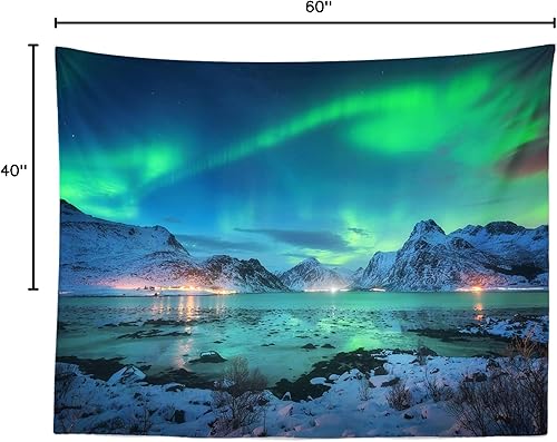 Miniatura 7 de BELECO Northern Lights - Tapiz de pared Aurora Borealis, 60 x 40 pulgadas, vista al lago y montañas de nieve, noche estrellada, tapiz de invierno