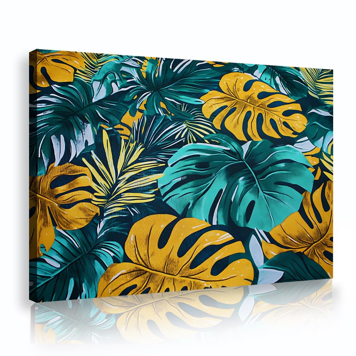 TOANGWALL Tropical Monstera Palm Leaves Framed Canvas Wall Art Modern Green Yellow Botanical Jungle Picture Stretched Printed Poster for Living Room Bathroom Decor 60x90cm