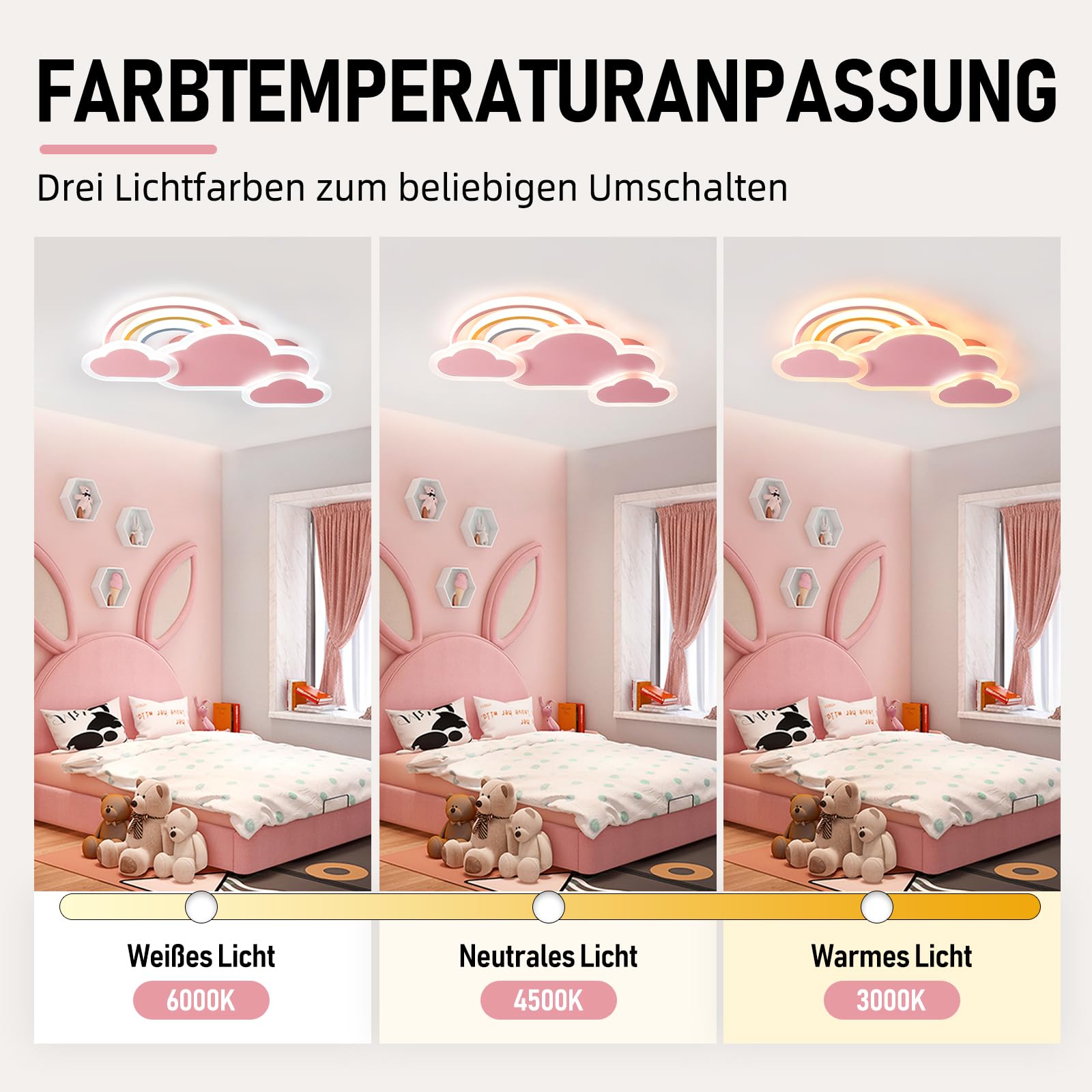 Lampara de Techo Infantil LED, 55cm/30W Lámpara de techo creativa Nubes con arcoiris Regulable con Control Remoto, Lámpara de Techo para Dormitorio de Niños y Niñas, Rosa