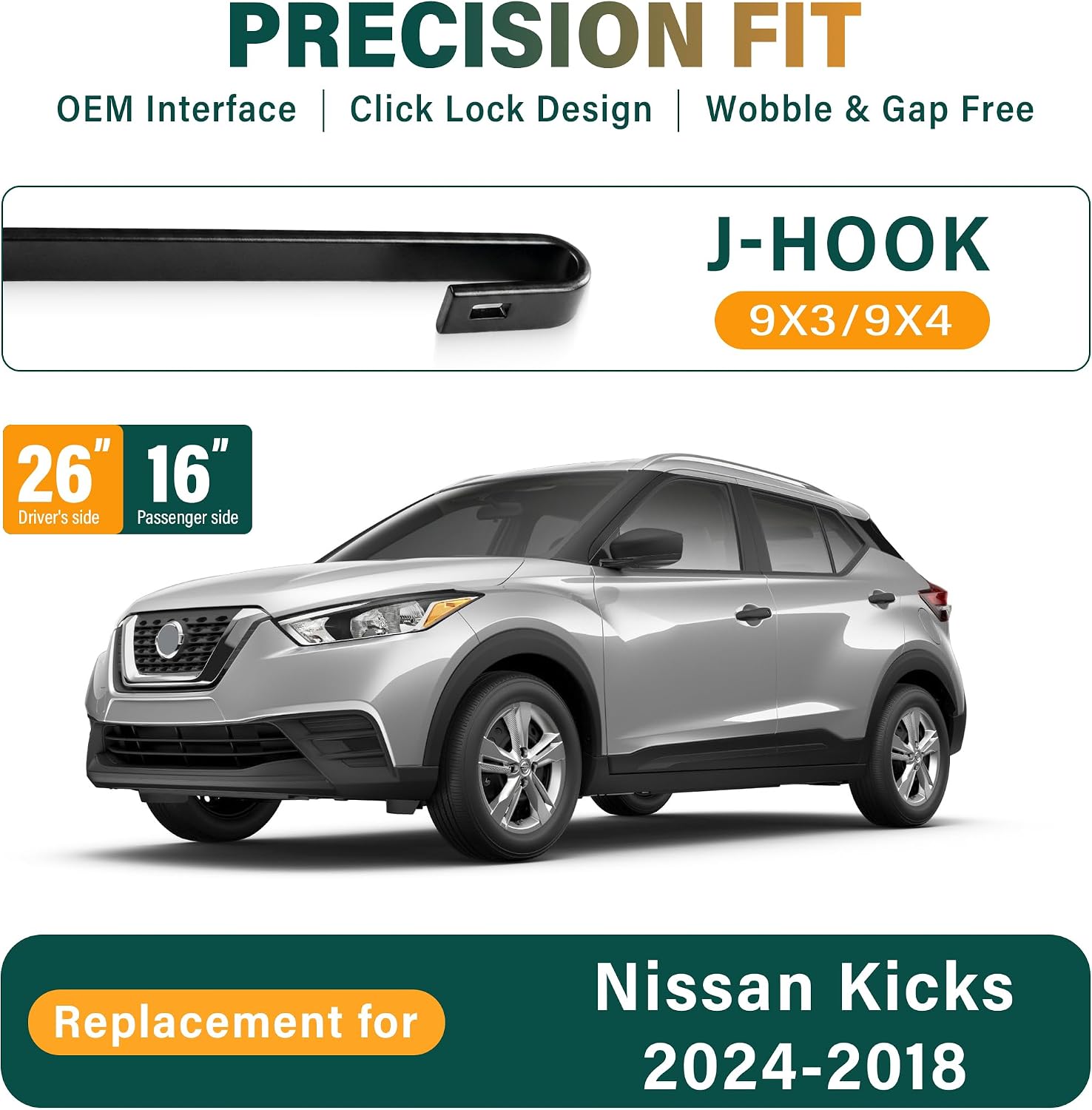 Windshield Wiper Blades Replacement for Nissan Kicks 2018 2019 2020 2021 2022 2023,Original Equipment Replacement Front Rear Wiper Blade Set - 26" 16" 12" (Set of 3)