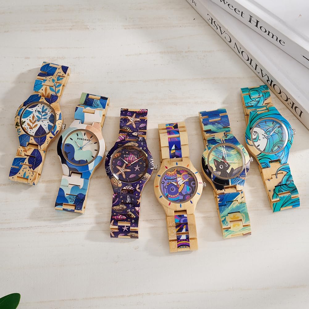 Japanese Quartz Women's Watch with Luminous Hands Lightweight Bamboo Wood Band & Unique Floral Print Wristwatch