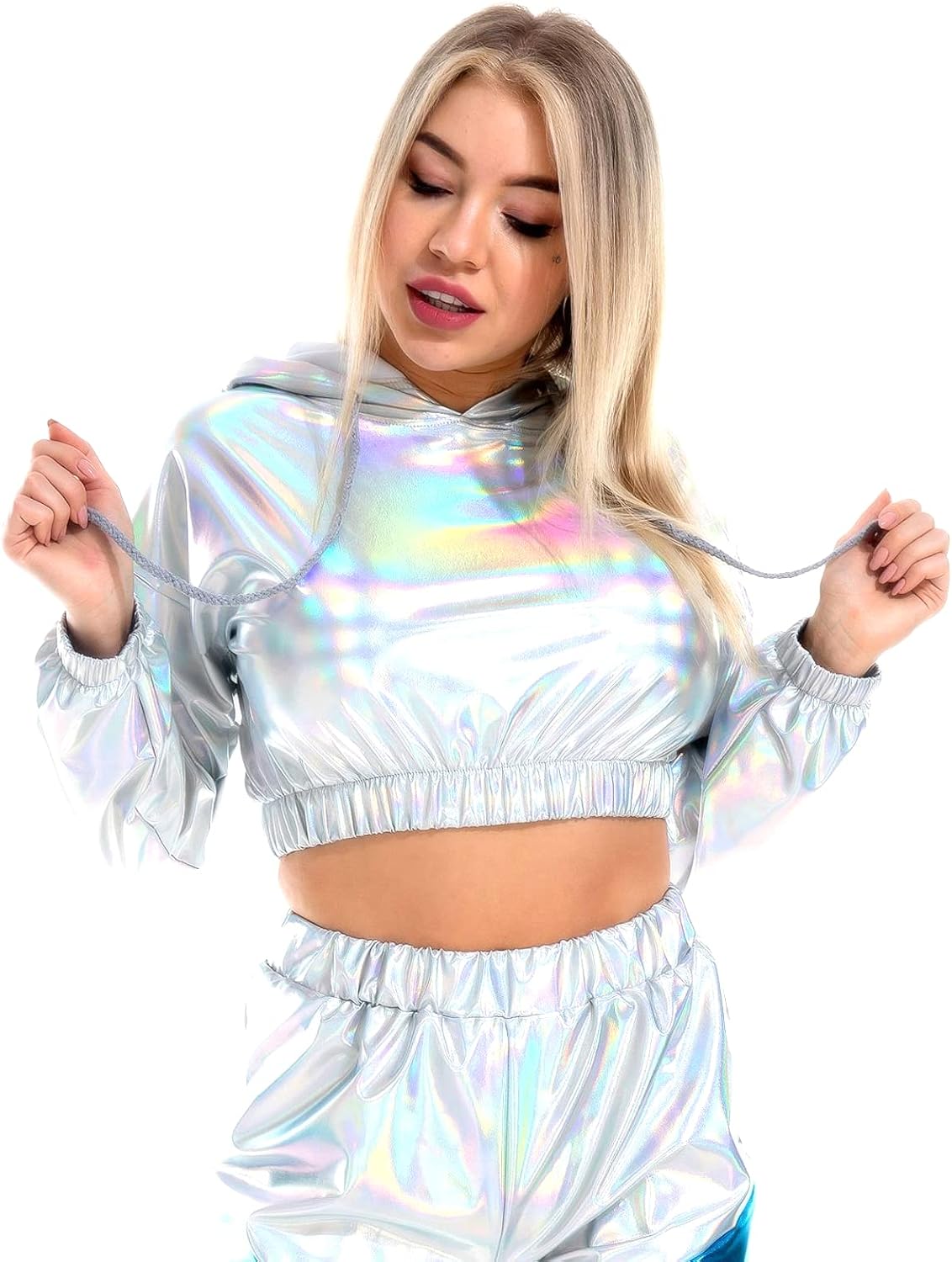 OBEEII Womens Shiny Metallic Crop Top Hoodies Drawstring Long Sleeve Wet Look Pullover Holographic Sweatshirts Club Wear - Image 2
