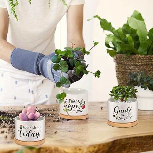 Miniatura 5 de Juego de 6 piezas de regalo con versículo bíblico cristiano, maceta divertida para suculentas con bandeja de bambú, maceta divertida de cerámica,