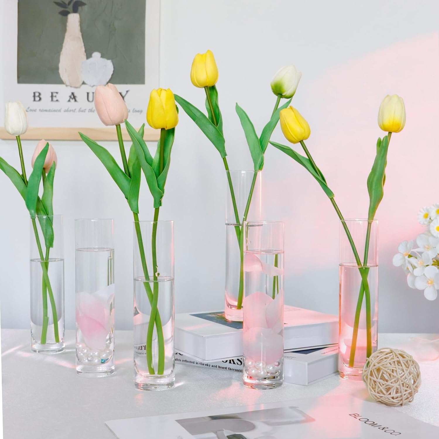 Set of 16 Glass Cylinder Bud Vases for Centerpieces, 7.5” H x 1.8” W, Small Flower Vases, Handmade Slim Vase, Single Rose Vase for Wedding Events Home