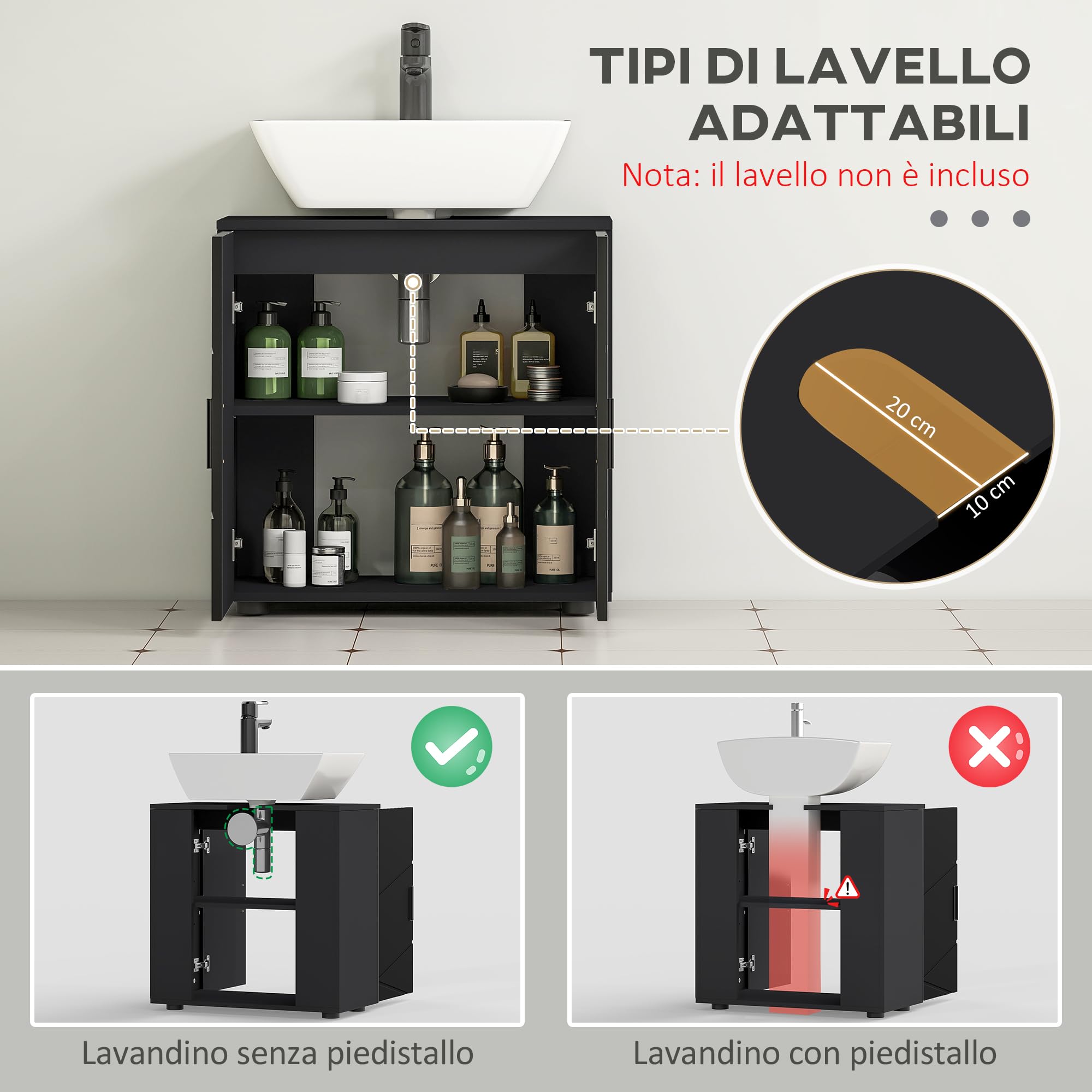 kleankin Mobile Sottolavabo con Armadietto 2 Ante, Mobiletto Bagno Sottolavandino in Legno con Mensola Regolabile, per Lavabi con o Senza Colonna, 60x30x60cm, Nero e Grigio Scuro