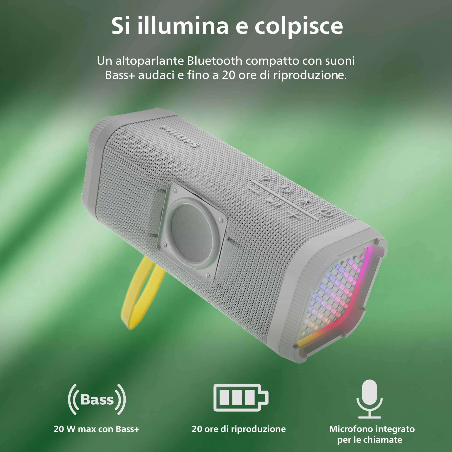 Philips TAS2000W Altoparlante wireless Bluetooth con spettacolo di luci LED, 20 W Bass+, Auracast, 20H di riproduzione, Impermeabilità IPX5, Riproduzione USB, Microfono, Controllo app – Bianco