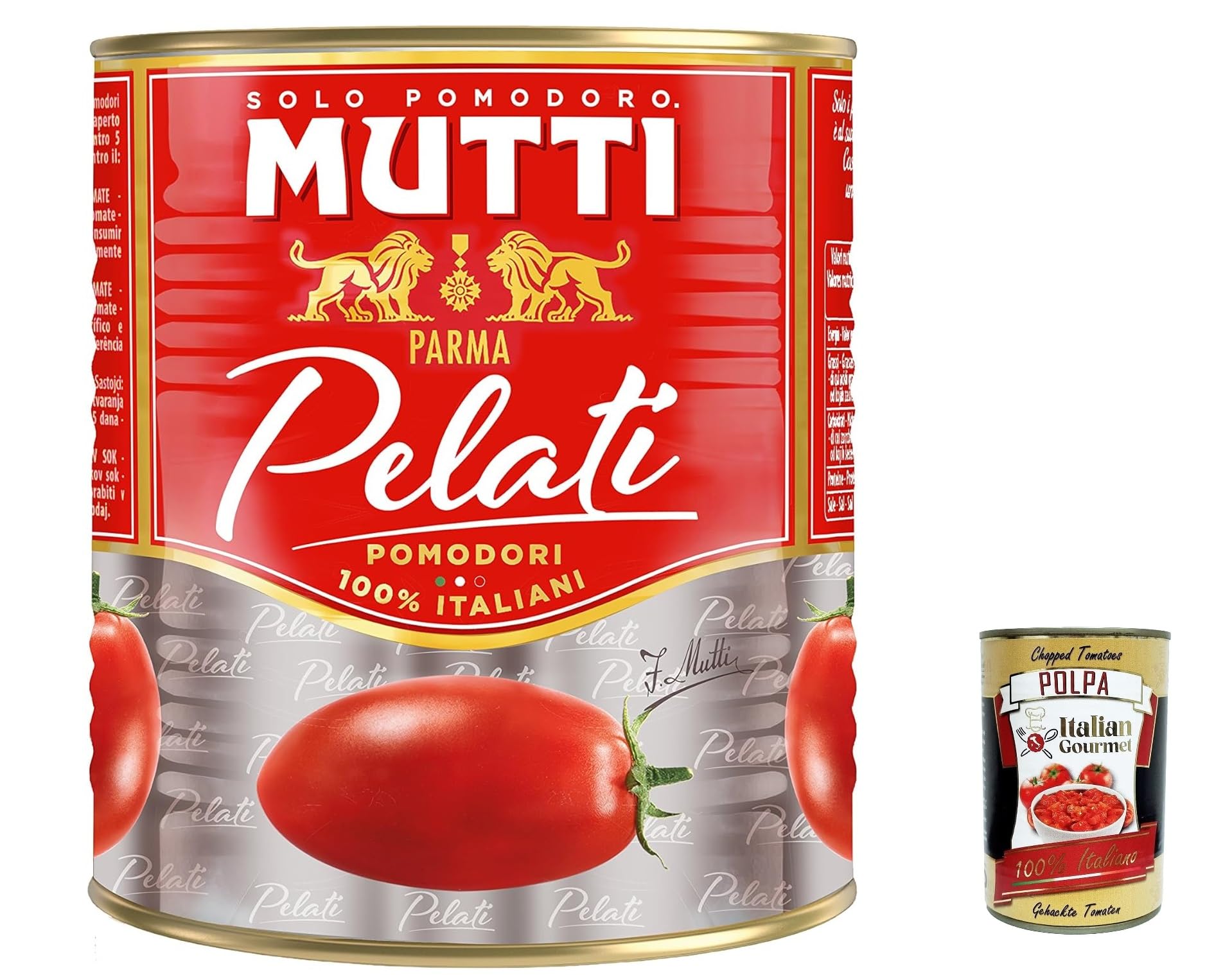Italian Gourmet Pomodori Pelati geschälte Tomaten Dose für Sauce, 24 x 800g | 100% italiani, interi e succosi; ideal zu Sugo, Pizza, Eintopf und, Gesamtnettogewicht 19,2 kg + Kostenlos Polpa 400g