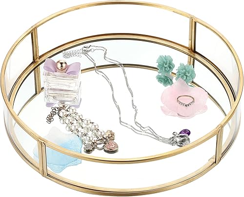 Miniatura 9 de ELLDOO Bandeja redonda de cristal dorada bandeja de joyería para espejo bandeja de perfume bandeja de tocador para tocador bandeja decorativa de