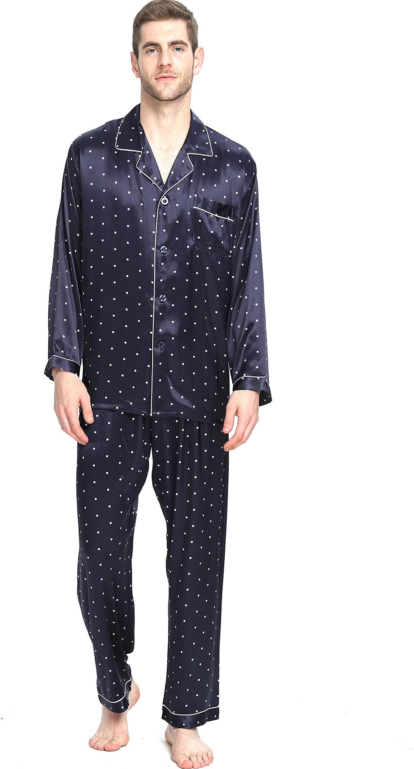 Mens Button Down Satin Pajama Set Long Silky Pj S~ 4XL Plus_For Great Gifts