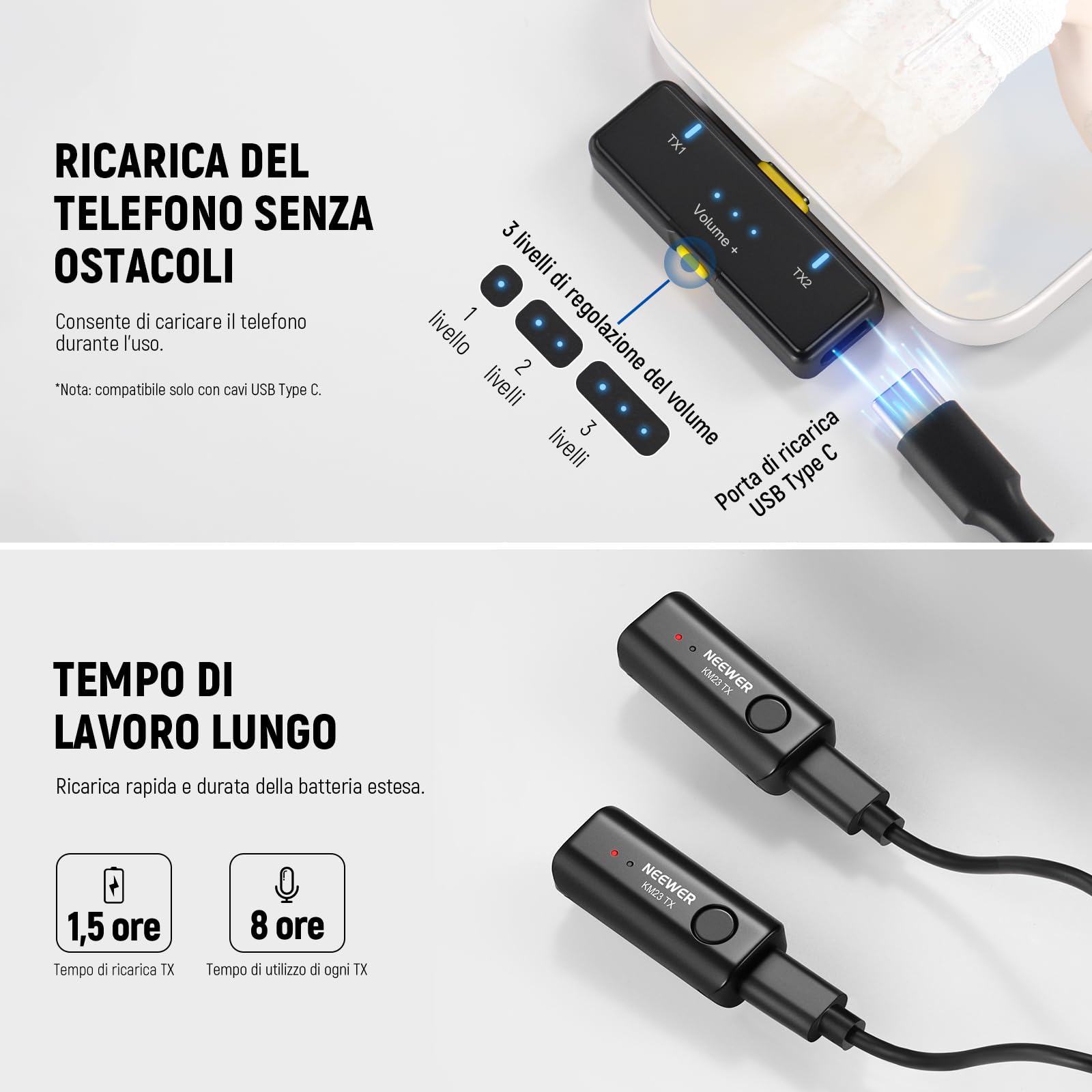 Neewer Kit Microfono Lavalier Wireless per USB C, Microfoni a Condensatore Omnidirezionali Compatibili con iPhone 15 Samsung Android Phone, Mini Lav Mic Anti Rumore per Vlogging Streaming Live, KM23