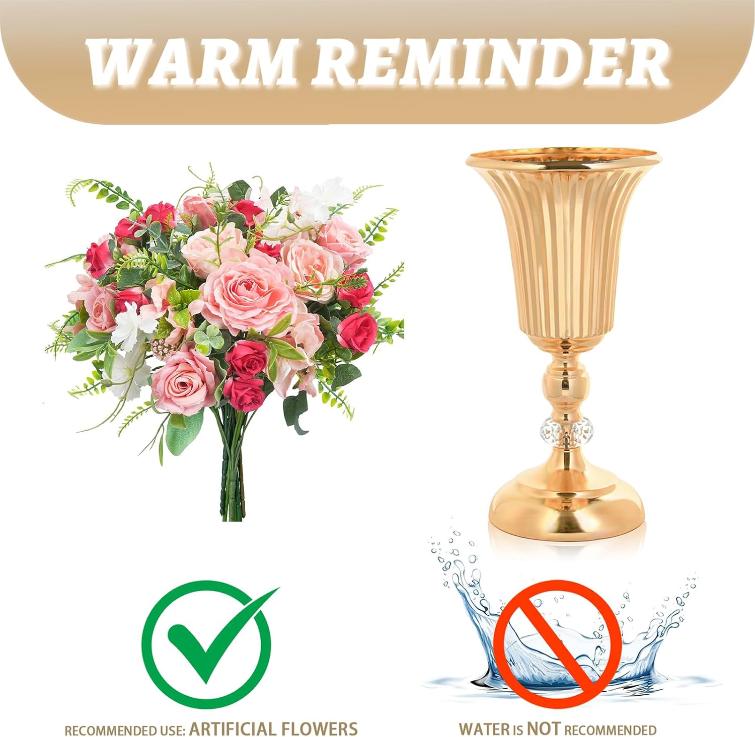 2PCS Gold Metal Wedding Flower Trumpet Stripe Vases Crystal Table Centerpieces for Artificial Flower Arrangements for Anniversary Celebration/Wedding/Party/Birthday Event Aisle Home Decor