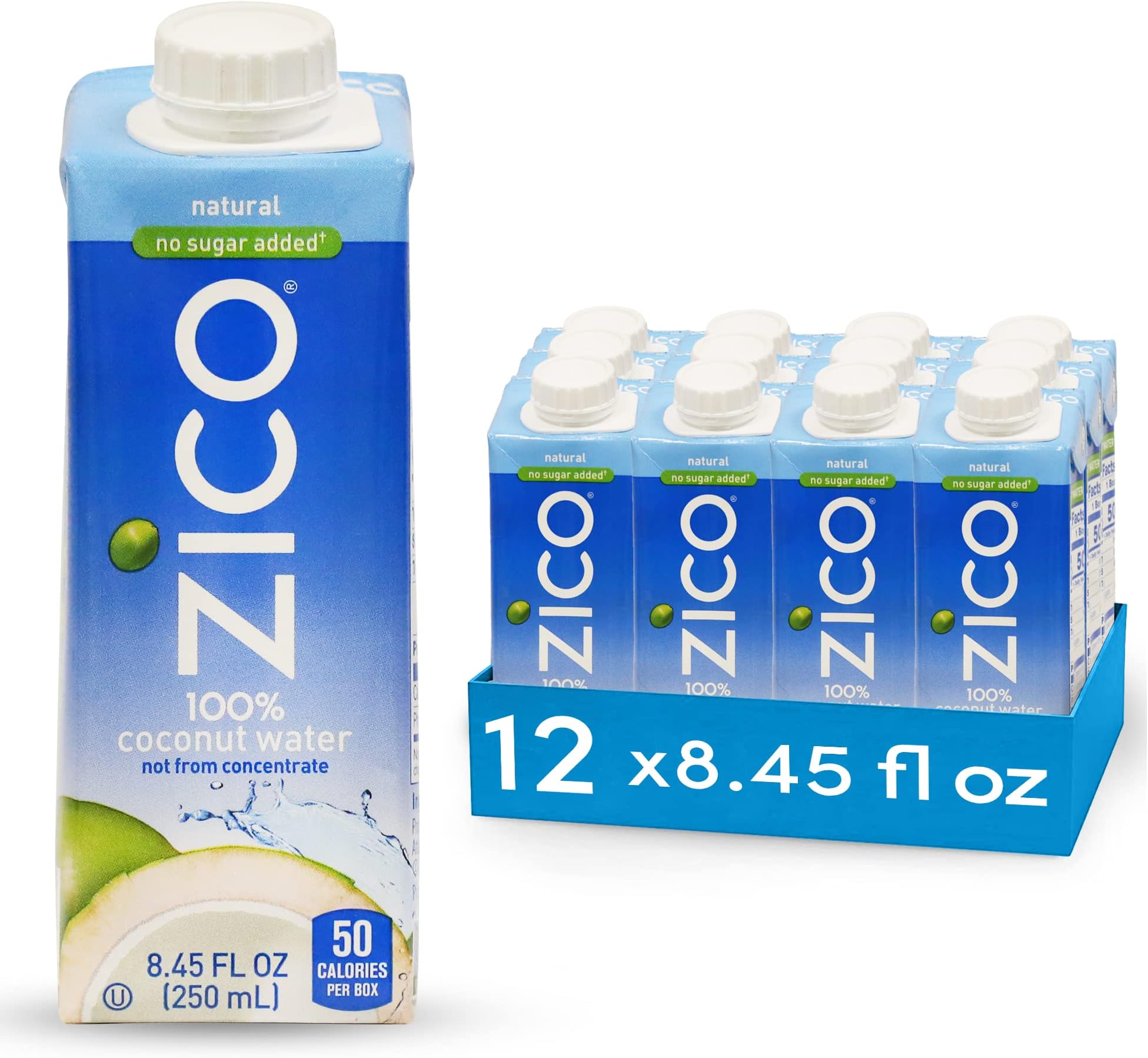 Zico 100% Coconut Water Drink - 24 Pack, Natural Flavored - No Sugar Added, Gluten-Free - 250ml / 8.45 Fl Oz - Supports Hydration with Five Naturally Occurring Electrolytes - Not from Concentrate