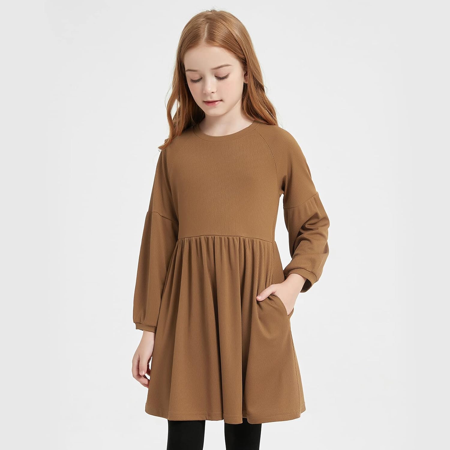 Jxstar Girls Long Sleeve Dresses Drop Shoulder Sleeve Ribbed Fall Winter Clothes - Image 3