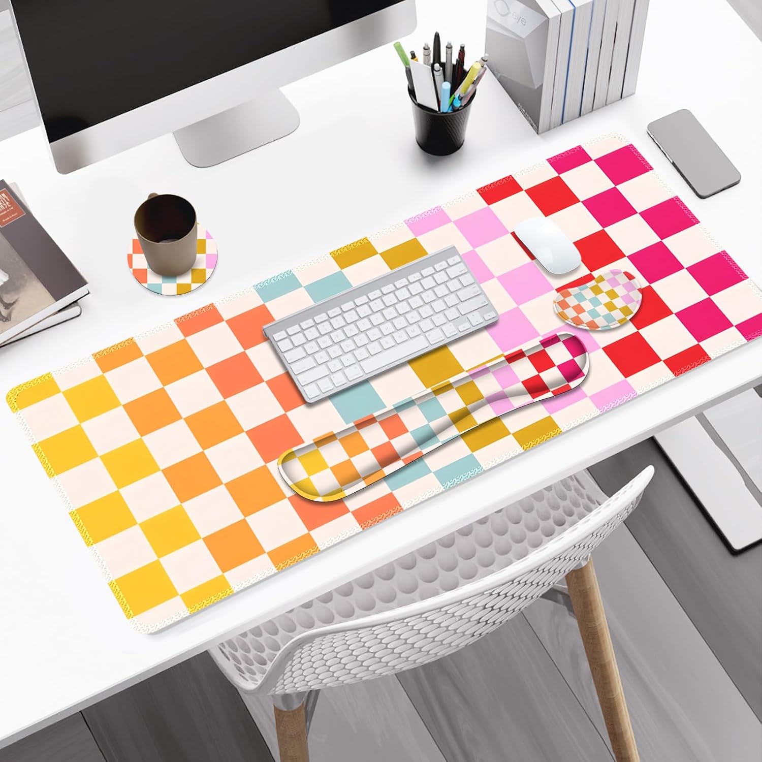 Large Gaming Mouse Pad Set, 4 in 1 Ergonomics Keyboard Desk Mat with Memory Foam Wrist Rest, Computer PC Extended Game Mousepad, Non-Slip Desk Matt Easy Typing Pain Relief I Colorful Checkered