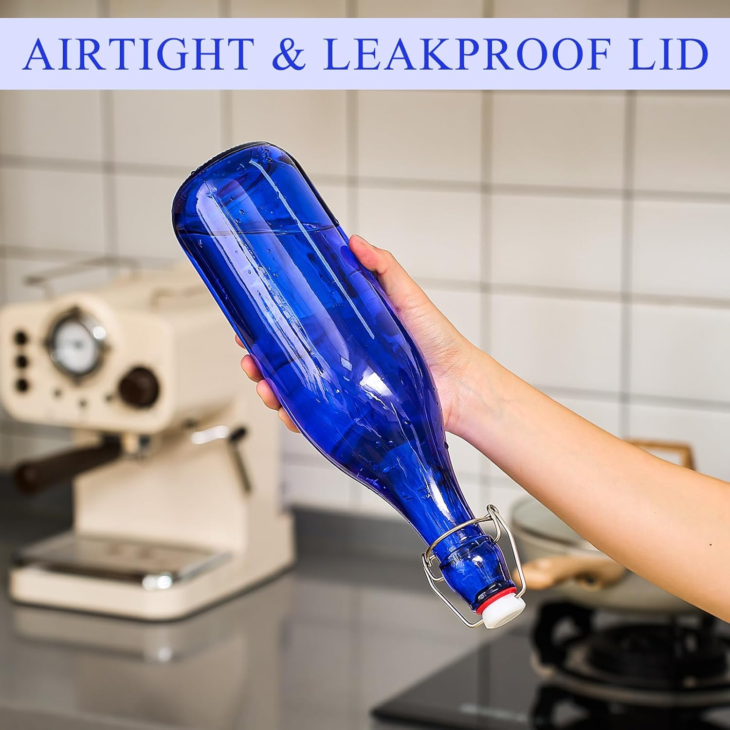 6 Pcs Cobalt Blue Glass Bottles 1 L/ 33.75 oz Decorative Wine Bottles Flip Top Glass Water Bottle with Airtight Lid for Home Decor Garden Tree Yard Outdoor Decorations