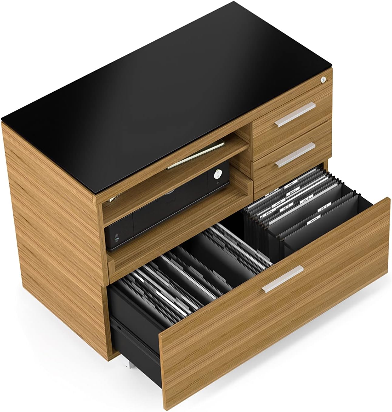 BDI Furniture Sequel 20 6117-35'' Locking Lateral 3-Drawer File Cabinet with Letter or Legal-Size File Drawer, 2 Drawers, Printer Tray, Adjustable Shelf, Natural Walnut, Satin Nickel