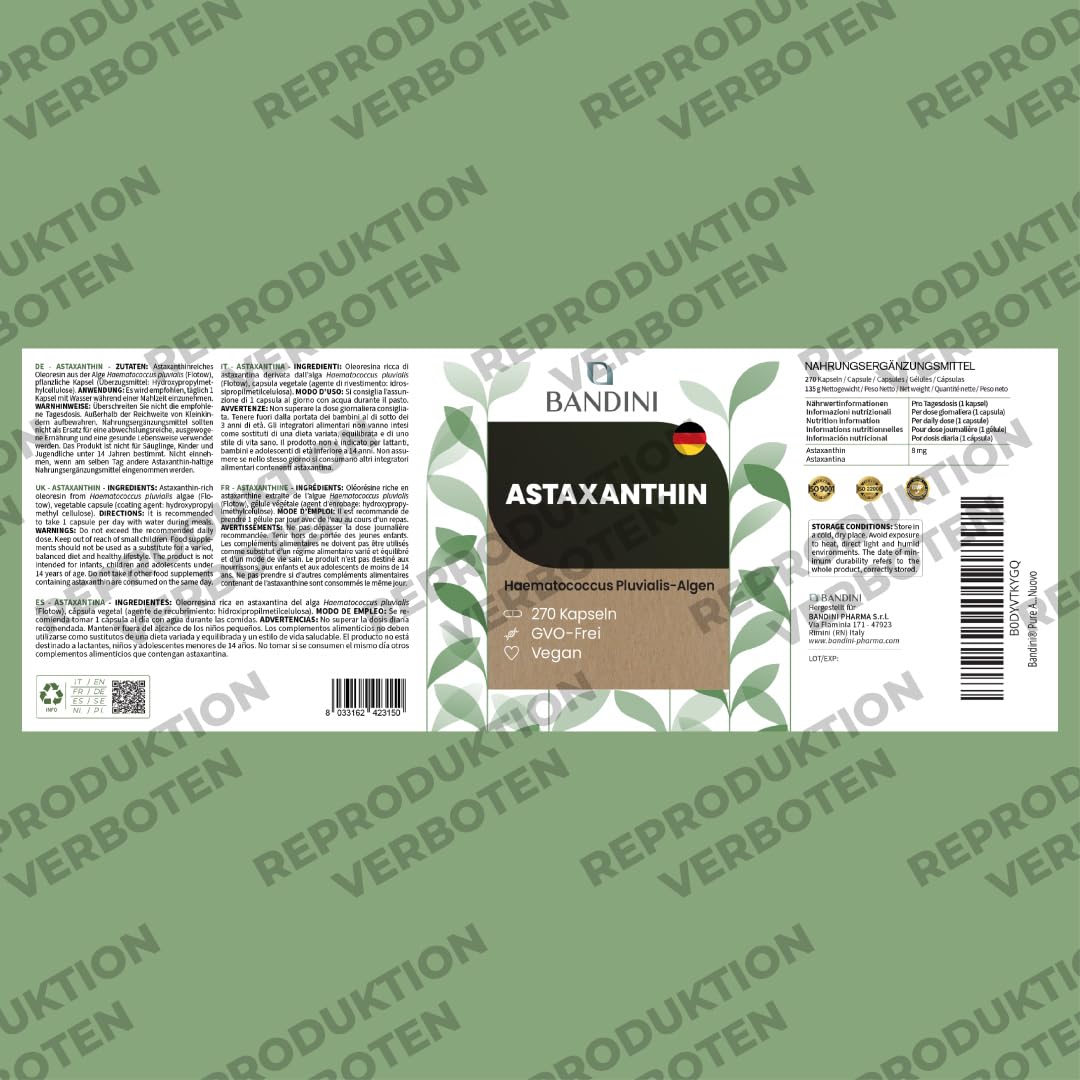 Bandini® Pure Astaxanthin 270 Kapseln, 9 Monate Vorrat (1 Kapsel pro Tag), Alge Haematococcus Pluvialis - Natürliches Astaxanthin, frei von Magnesiumstearat, GMO-frei