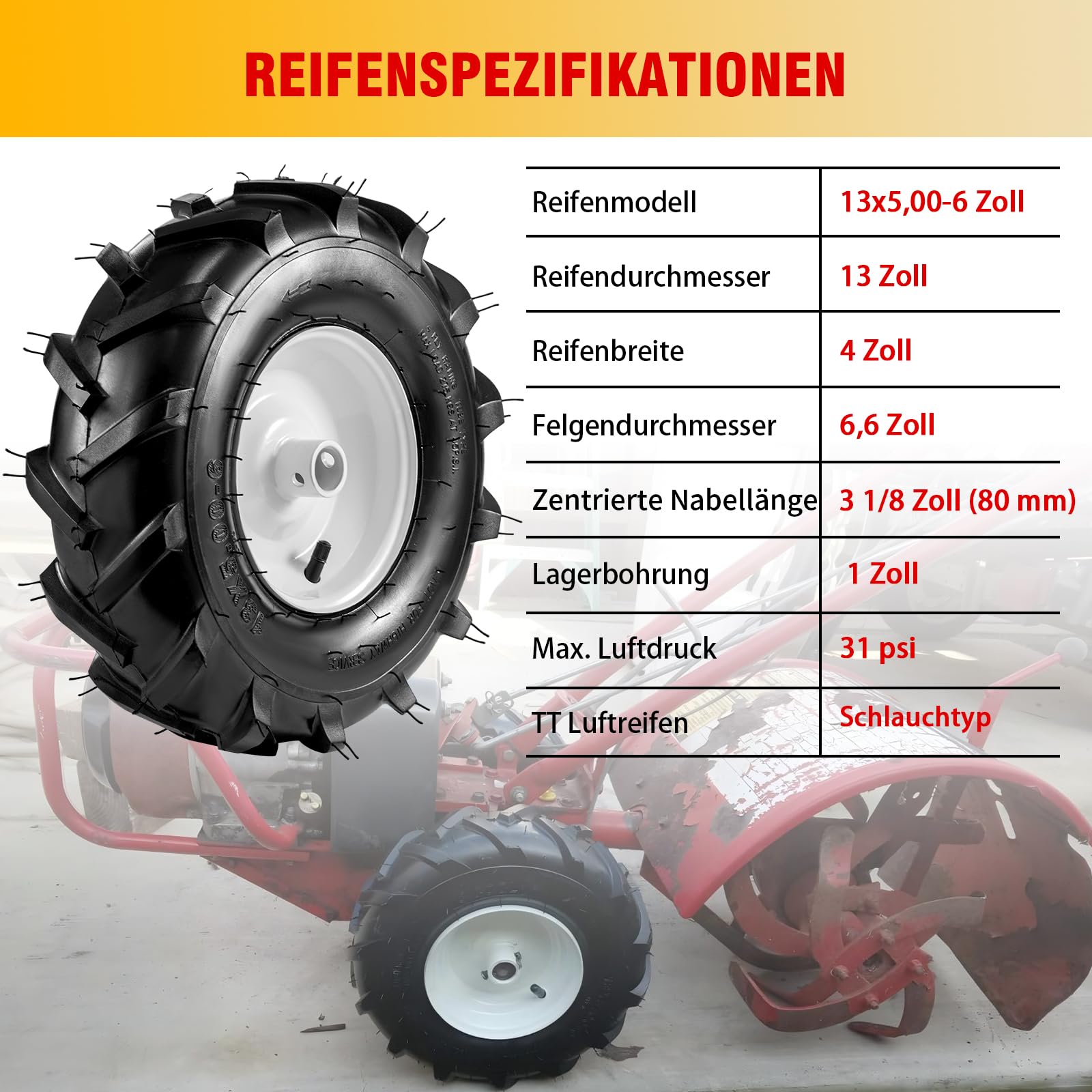 Pneu et roue de cultivateur 13x5.00-6" 2 Emballage à moyeu de 1 pouce et longueur de moyeu centré de 3-1/8 pouces, pneu de remplacement agricole à super crampons pour tracteur et trancheuse
