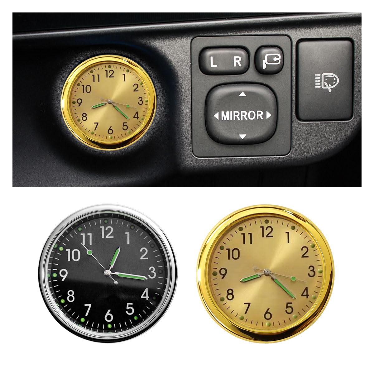 2PCS Car Mini Clock, Car Luminous Clock with Adhesive, Car Air Vent Clip Quartz Clocks, Car Dashboard Clocks, Universal Car Watch Accessories for Home Boat Truck SUV Car (Black+Gold)