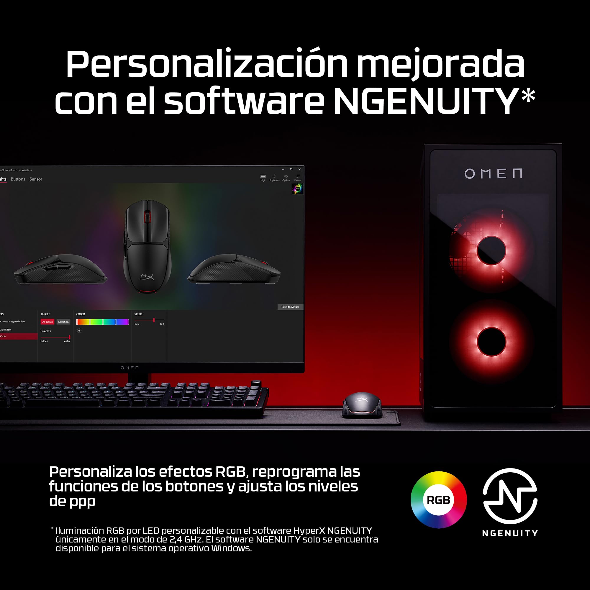 Hyperx Pulsefire Fuse - Ratón Gaming inalámbrico, Ultra-Ligero 75g, autonomía 85h, ambidiestro, 12000DPI, 6 Botones, Color Negro