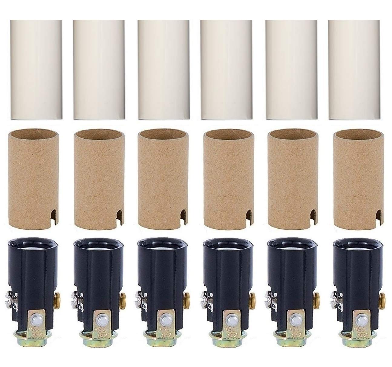 Creative Hobbies Chandelier Lighting Fixture Socket Kit, Candelabra E-12 Sockets with Cardboard Insulators and 1 3/4-Inch Tall White Plastic Candle Cover Sleeves, Set of 6
