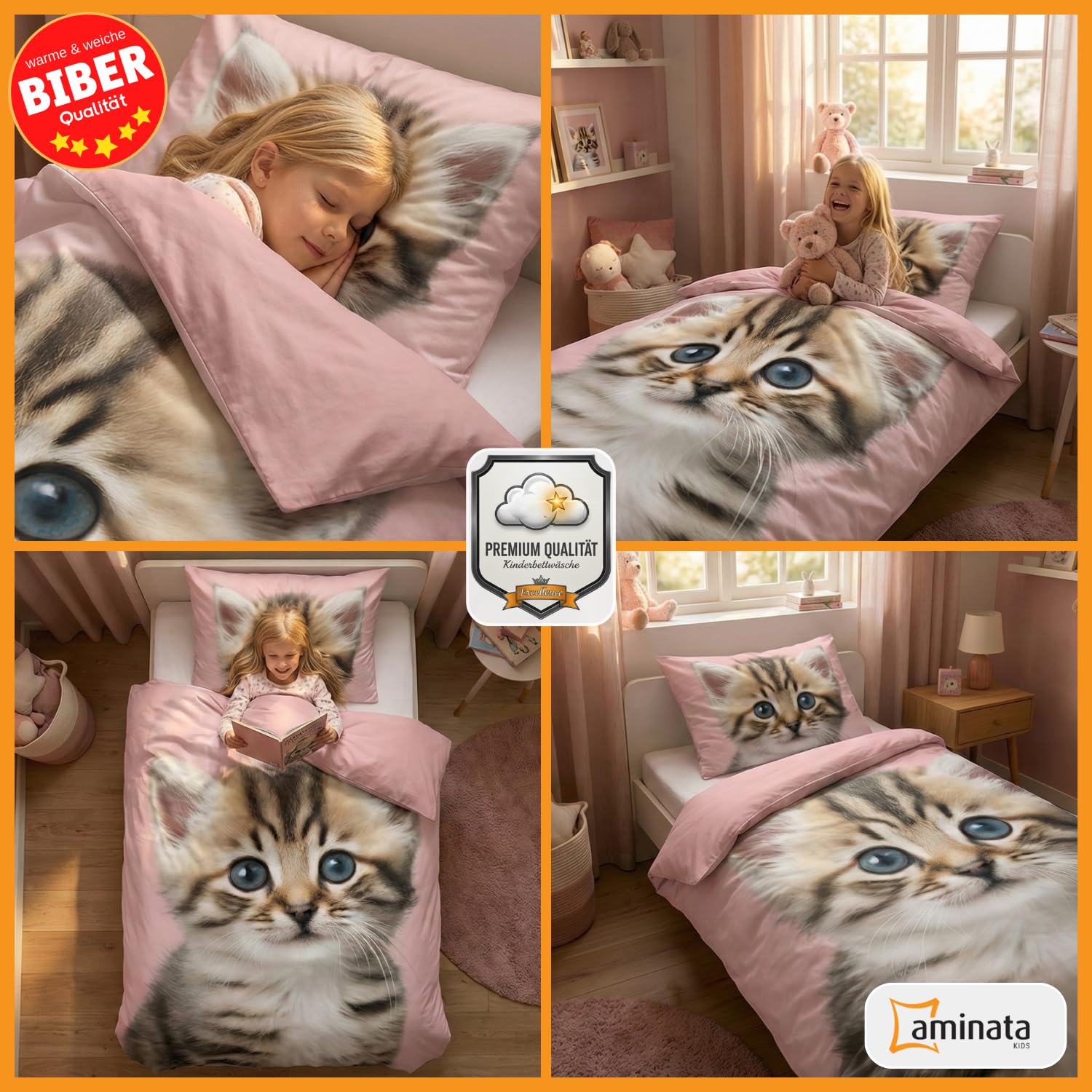 Aminata kids Katzen Bettwäsche 135x200 cm Biber Kinderbettwäsche Katzenmotiv Mädchen warm weich Winterbettwäsche 100% Baumwolle rosa