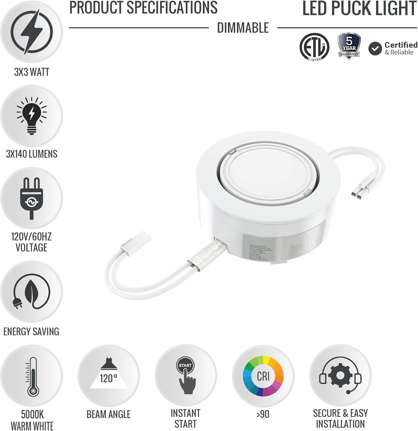 LEDMyplace 3-Piece 3x3W LED Puck Light Kit, 5000k Daylight White, LED Under Cabinet Lights, Beam Angle 120°, CRI 90+, 0V-10V Dimmable, Lights Line-Voltage, for Living Room, Bedroom, Dining Room