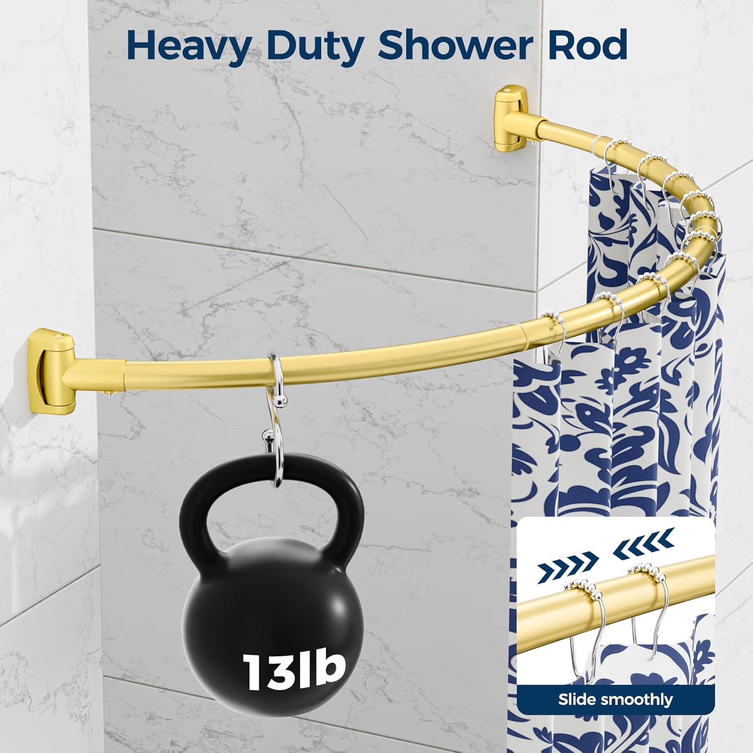 ENJOYBASICS Curved Shower Curtain Rod with Shower Rings, Adjustable Round Bathroom Rod for Extra Space, Rustproof, Need to Drill, Gold, 35-77 Inches