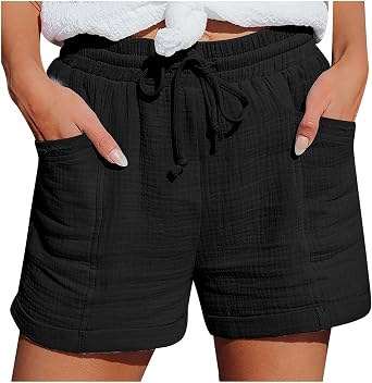 Cotton Shorts for Woman Elastic Waist Drawstring Comfy Shorts Casual Summer Vacation Hot Pants with Pockets