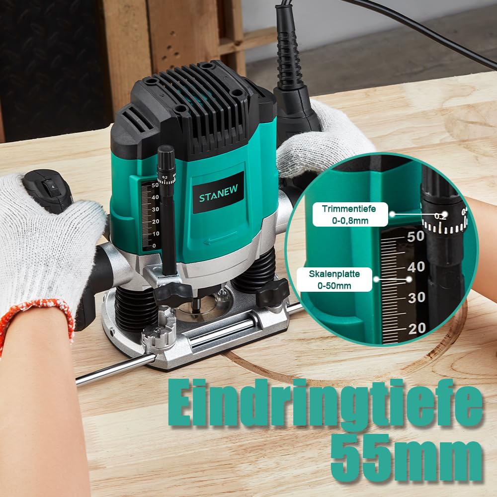 STANEW Oberfräse (1200 W, 6 Geschwindigkeiten 16000-30000 U/min, Ø 6 und 8 mm), Professional Vertical Fresatrice für Holzbearbeitung, Holzfräsmaschine, Frästiefe Einstellbar, inkl. 12 Fräser