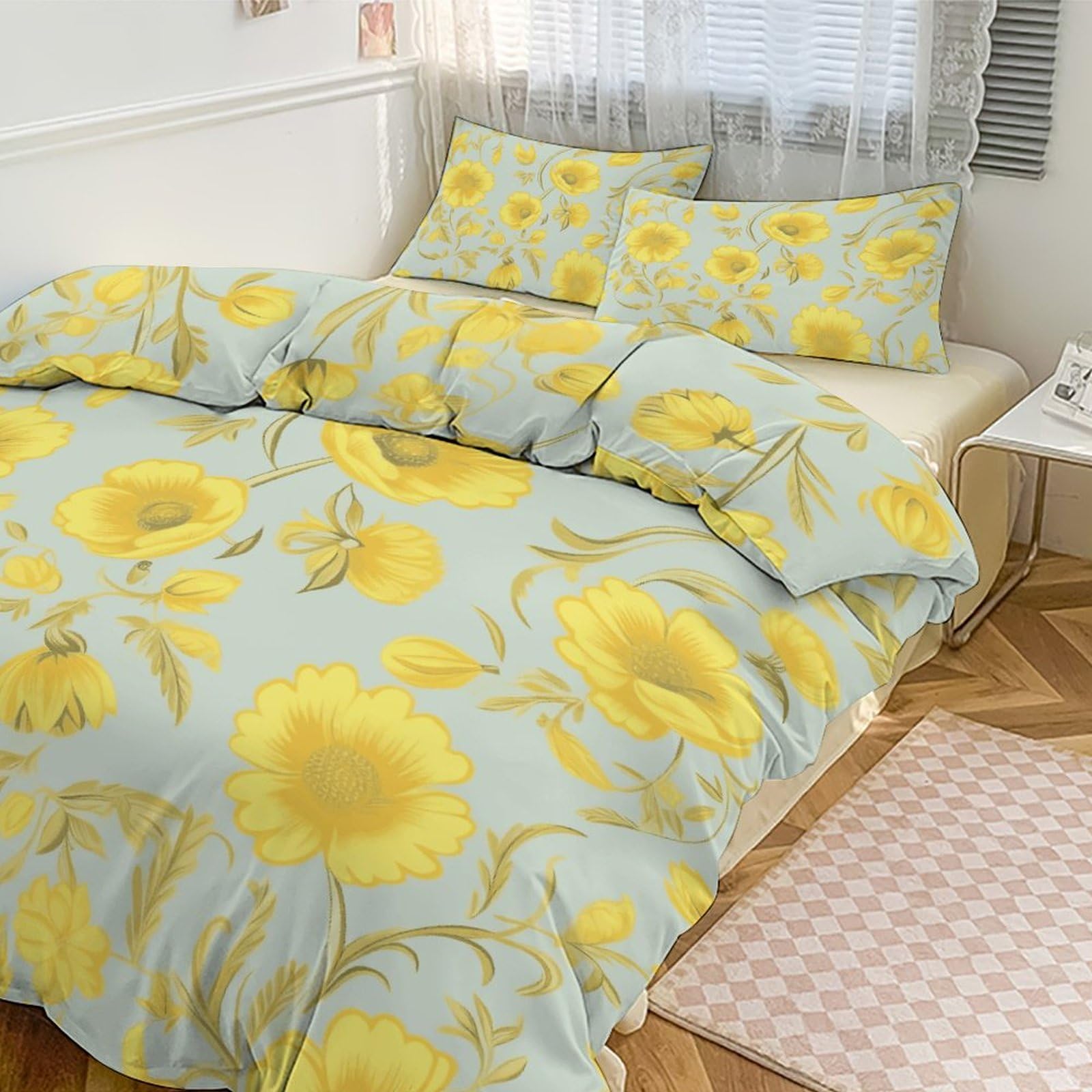 Couvre-lit et taie d'oreiller imprimé fleurs jaunes pour parure de lit grand lit