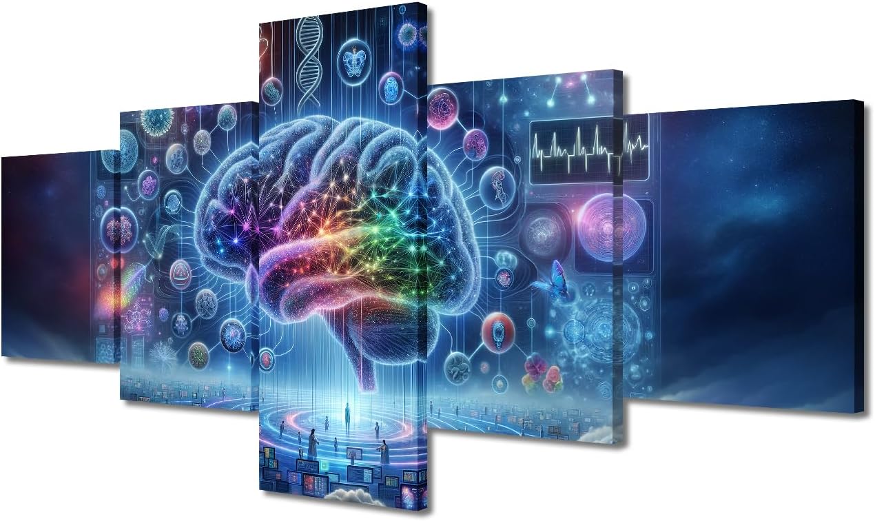5 Panel Artificial Intelligence Concept with Human Brain Canvas Wall Art for Living Room Digital Brain Wall Decor Hanging AI Picture for Decoration Wall Modern Art Poster and Prints Wall Art 50"Wx24"H