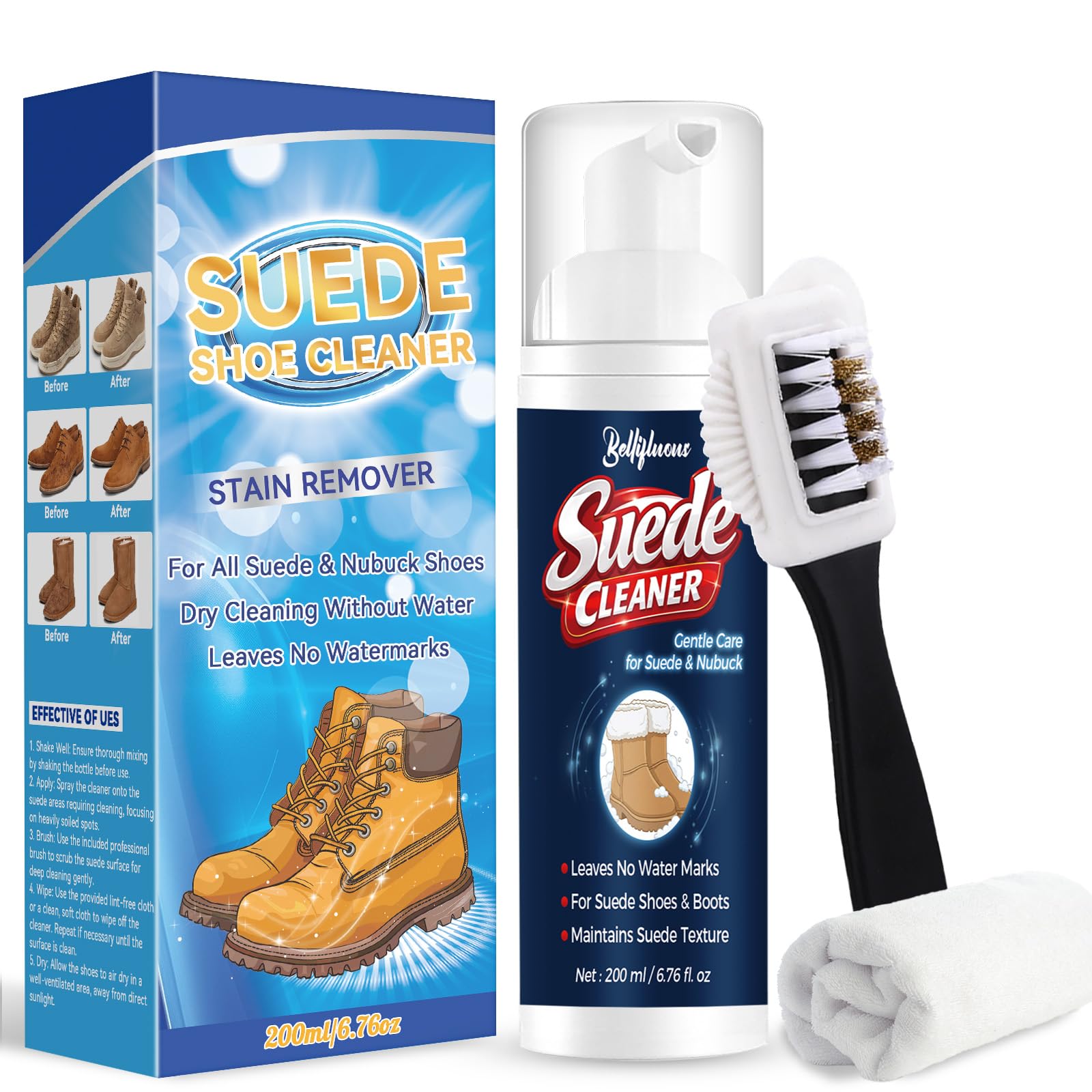 Limpiador Zapatillas, Limpiador Zapatos Ante, 200ml Suedes Cleaner para Zapatillas Nobuk Botas, Limpiador Zapatillas Blancas Con Cepillo y Toalla, Elimina Suciedad Manchas y Marcas de Agua
