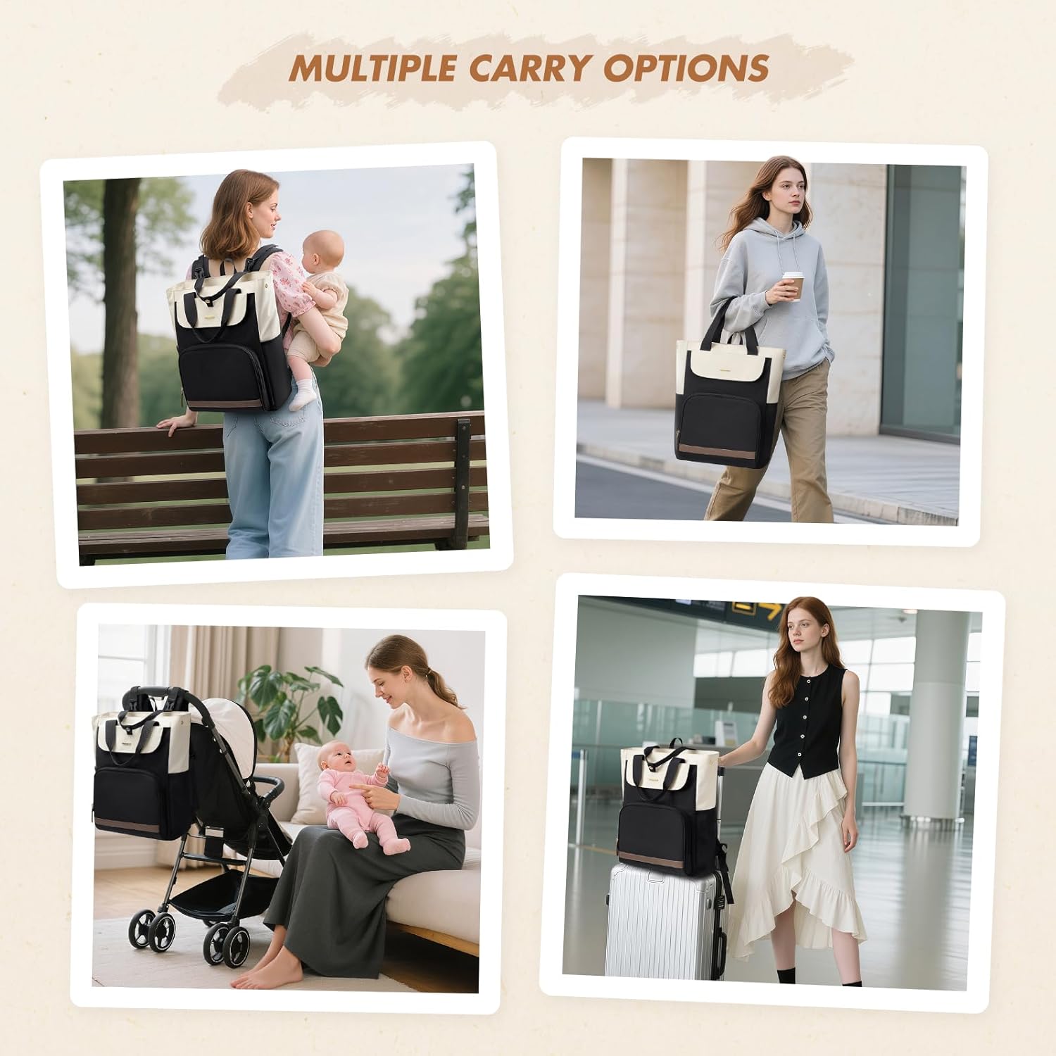 GOLF SUPAGS Diaper Bag Backpack with Portable Changing Pad 25L Baby Bag Insulated lunch box Backpack Fits 17.3" Laptop (Black & White)