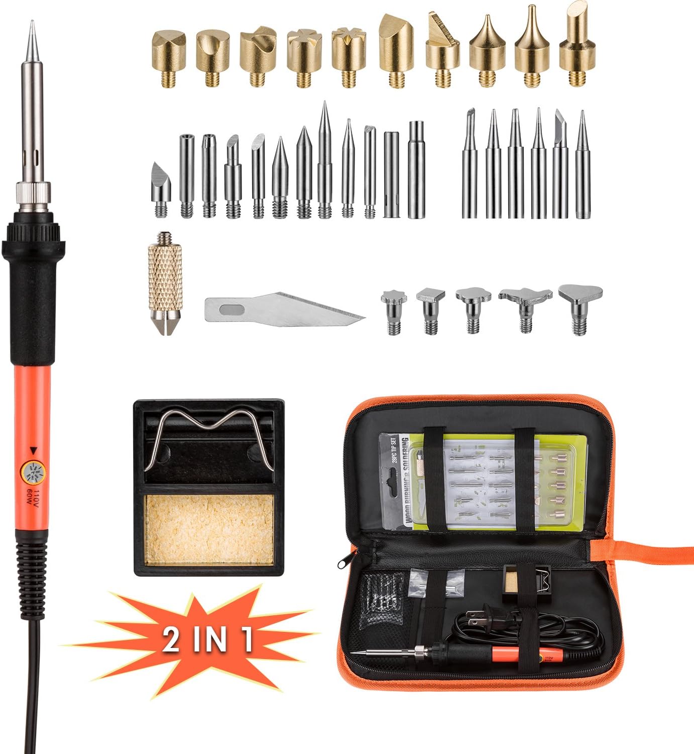 Wood Burning Kit 37 Pcs, Professional Soldering Iron Kit Electronics Adjustable Temperature Soldering Pyrography Woodburning Pen/Embossing/Carving/Soldering Tips for Adult Starter Beginner