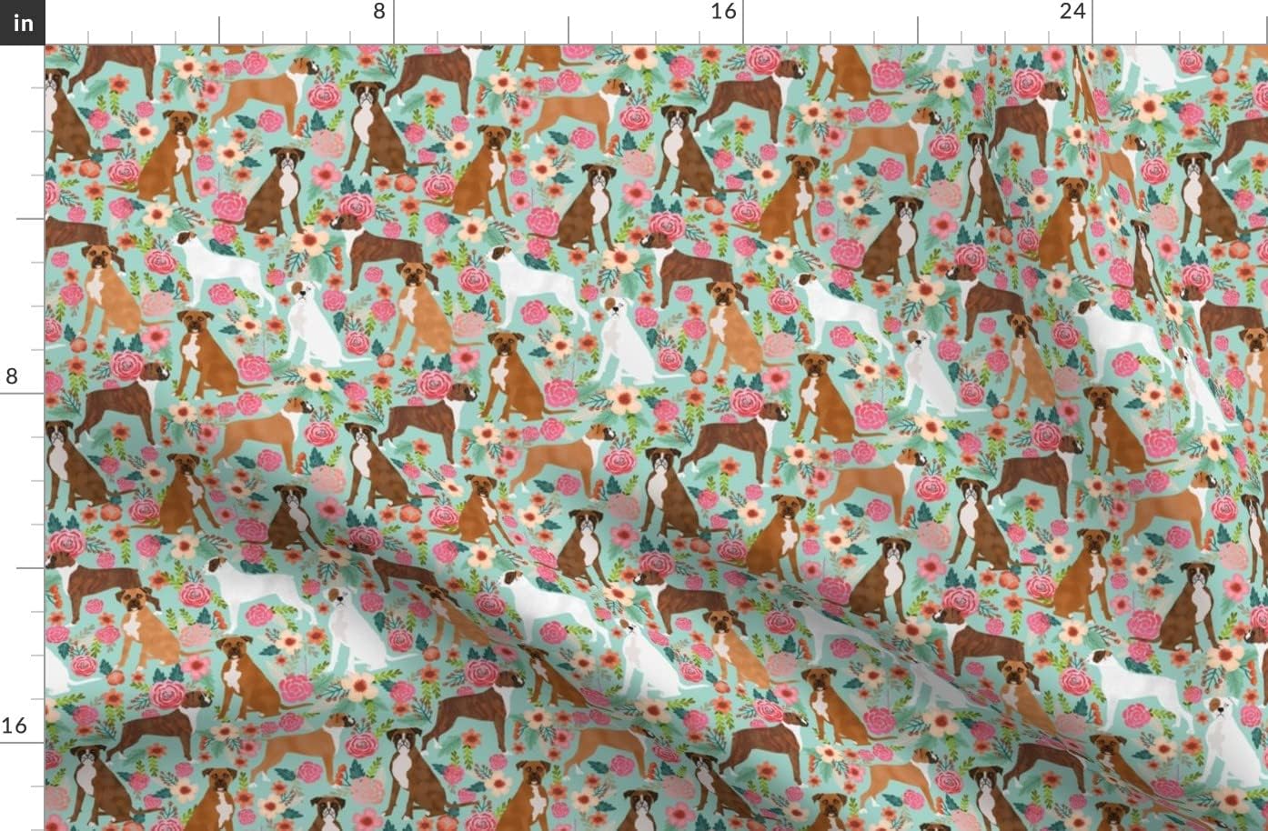 Spoonflower Fabric - Boxer, Dog Breed, Vintage Style, Florals, Mint Green, Flowers, Dogs, Printed on Organic Cotton Sateen Fabric by The Yard - Sewing Quilting Apparel Home Decor