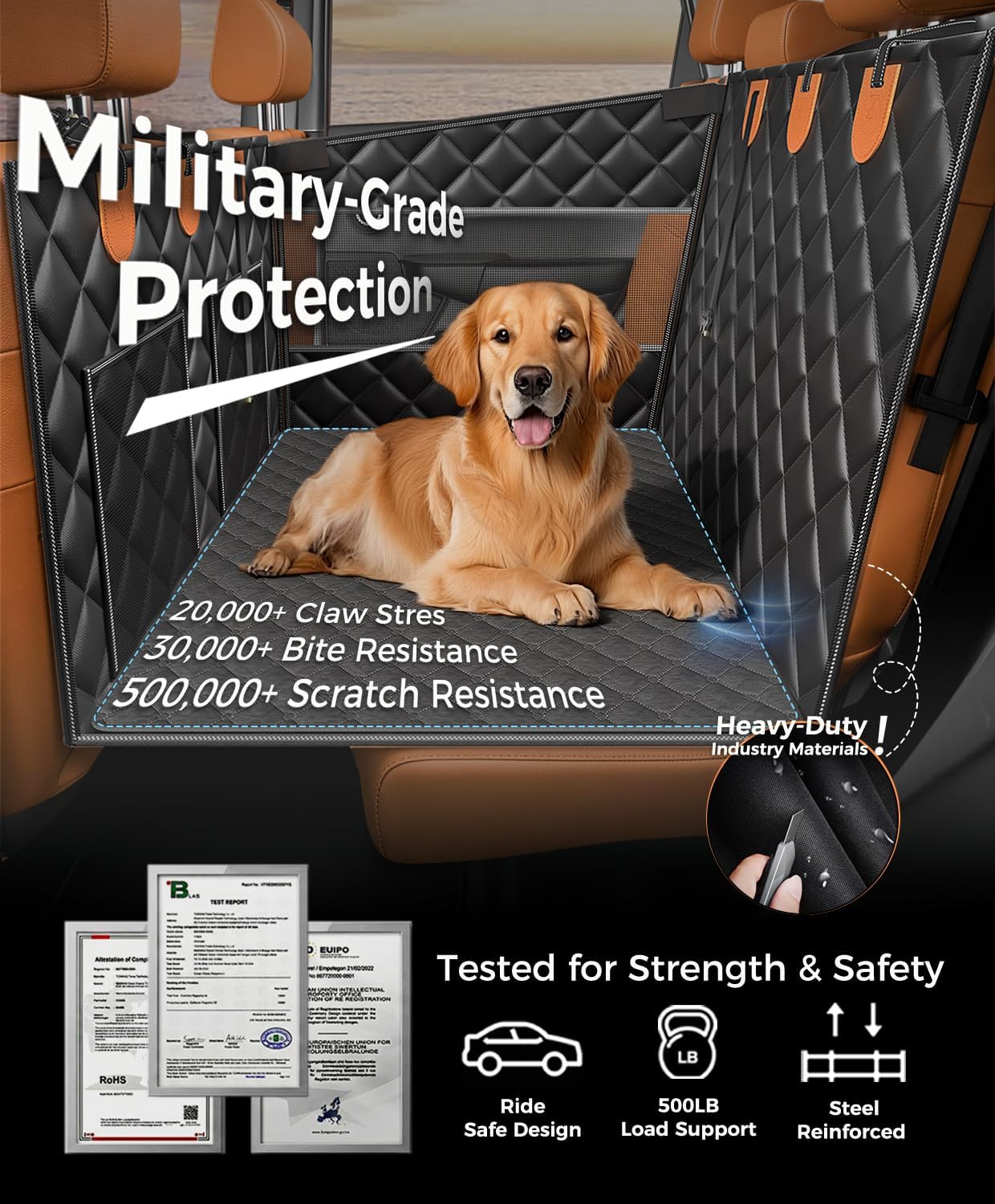 Doglike UNBREAK Dog Car Seat Cover for Back Seat [NO.1 Military-Grade Reinforced Protection], 500LB Ultra-Support Dog Carseat Hard Bottom, Waterproof Pet Carseat Dog Hammock for Cars/SUV/Truck XL Size