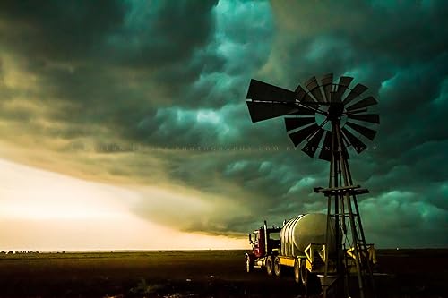 Country Photography Print (Not Framed) Picture of Windmill and Truck Under Advancing Storm Clouds on Summer Day in Oklahoma Moody Weather Wall Art