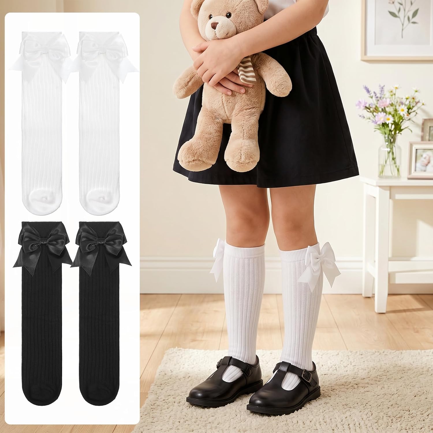 2 Pairs Knee High Socks for Girls, Cotton School Uniform Long Socks, Knee High Socks with Bows for Daily Wear, School Uniforms, Dance, Cosplay (Black, White)