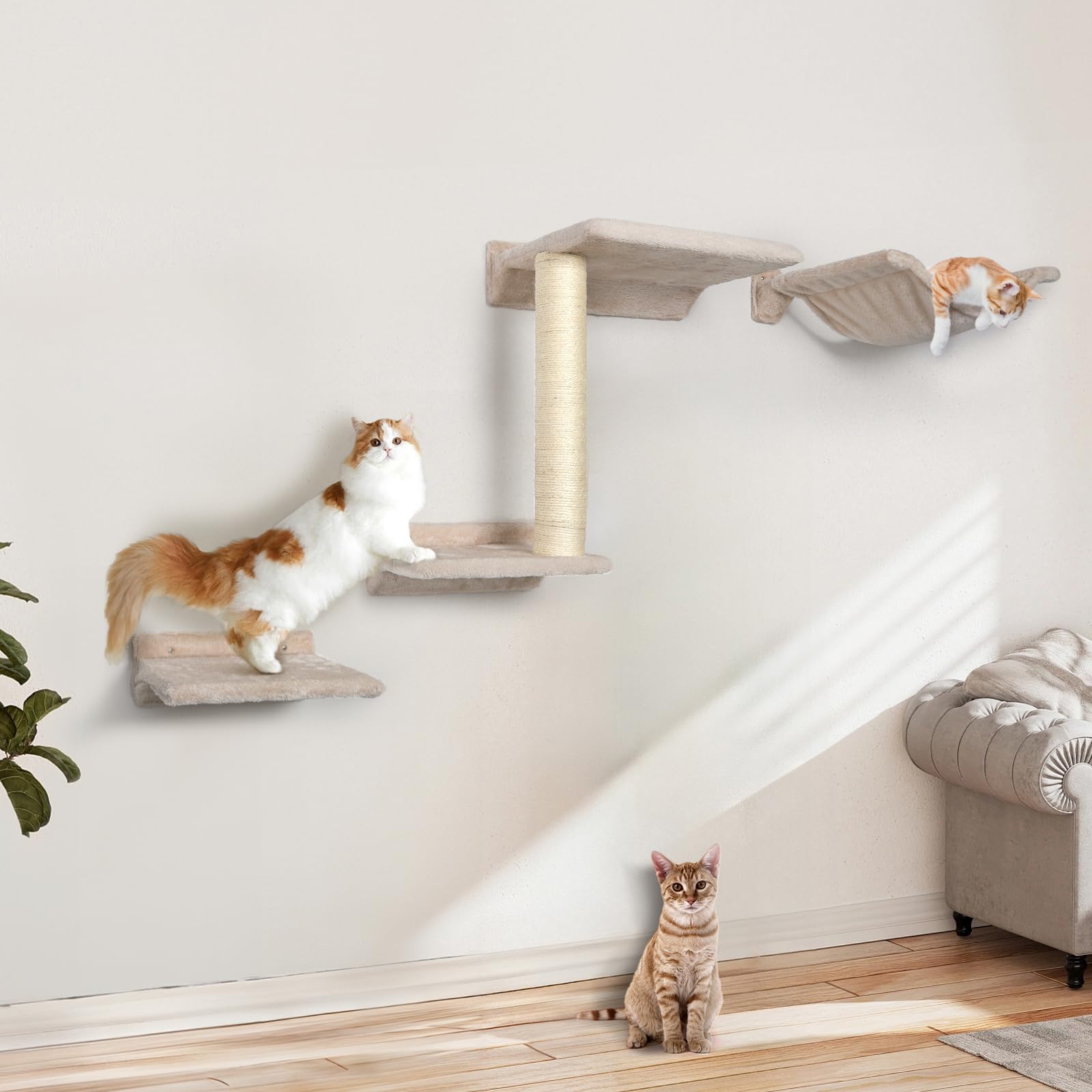 HDLKRR Cat Wall Furniture Shelves - 5 Pcs Wall-Mounted Cat Furniture, Including 2 Steps, 1 Perches, 1 Hammock, 1 Sisal Scratcher Post, DIY Playground for Large Cats