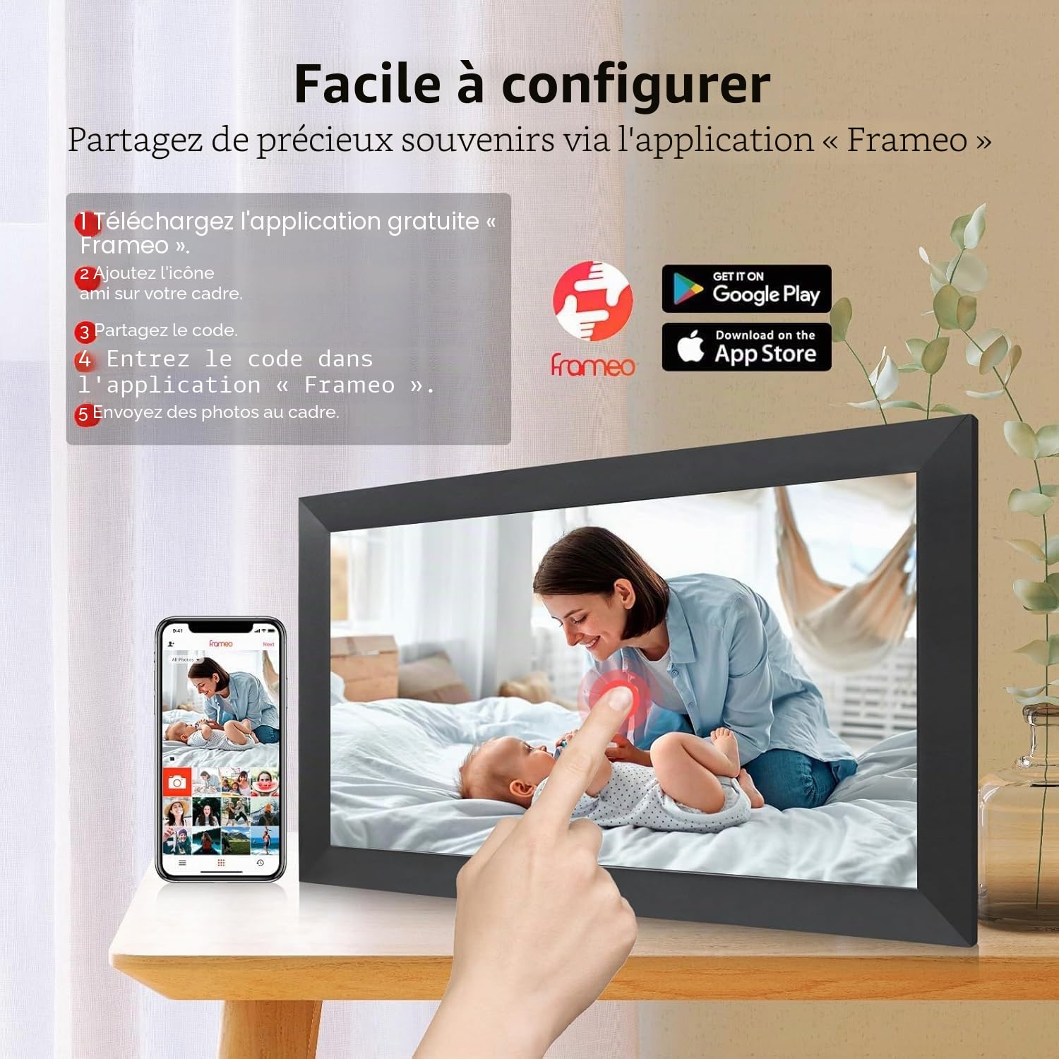 Frameo Grand cadre photo numérique 15,6" FHD 1920 x 1080 IPSTouchscreen, cadre photo électronique avec Wi-Fi, 32 Go, rotation automatique, montage mural, partage de photos/vidéos