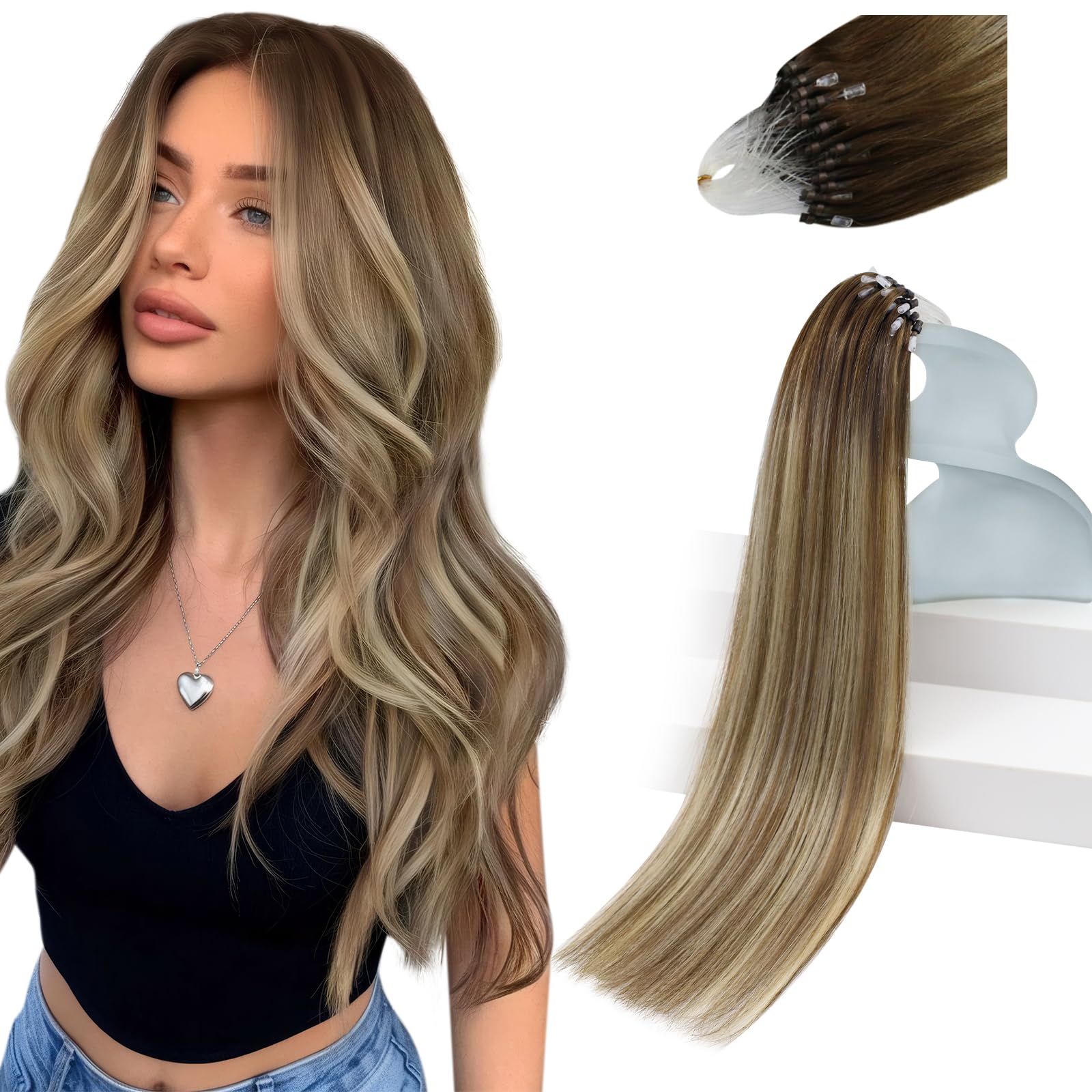 Sunny Hair 16 Inch Microlink Hair Extensions Human Hair, Brown Balayage Ash Brown with Highlights, 57g Micro Beaded Strands, Adds Natural Fullness for