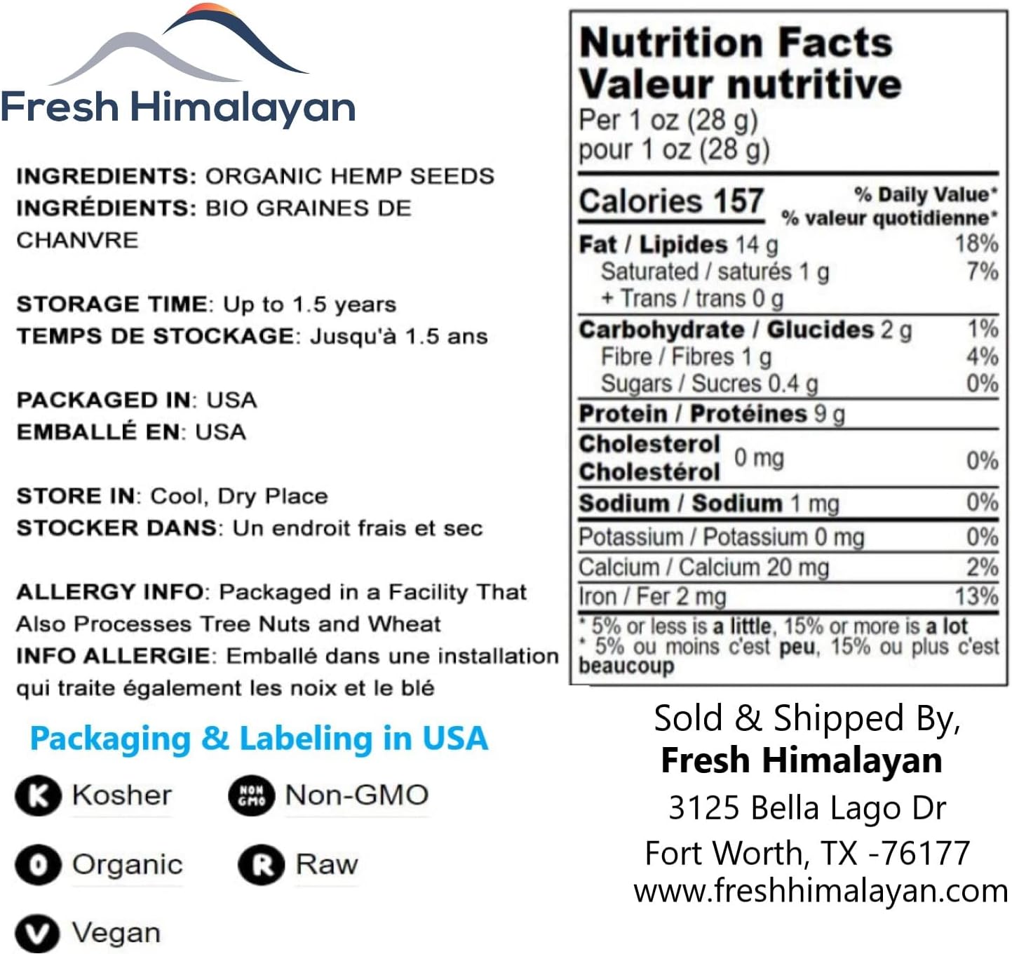 Organic Edible Raw Hemp Seeds for Consumption -2 Lbs, Plant Based Protein 10g & 12g Omega Per Serving I Smoothies, Salad, Non-GMO, Keto, Grow At Mt. Everest Country, Nepal