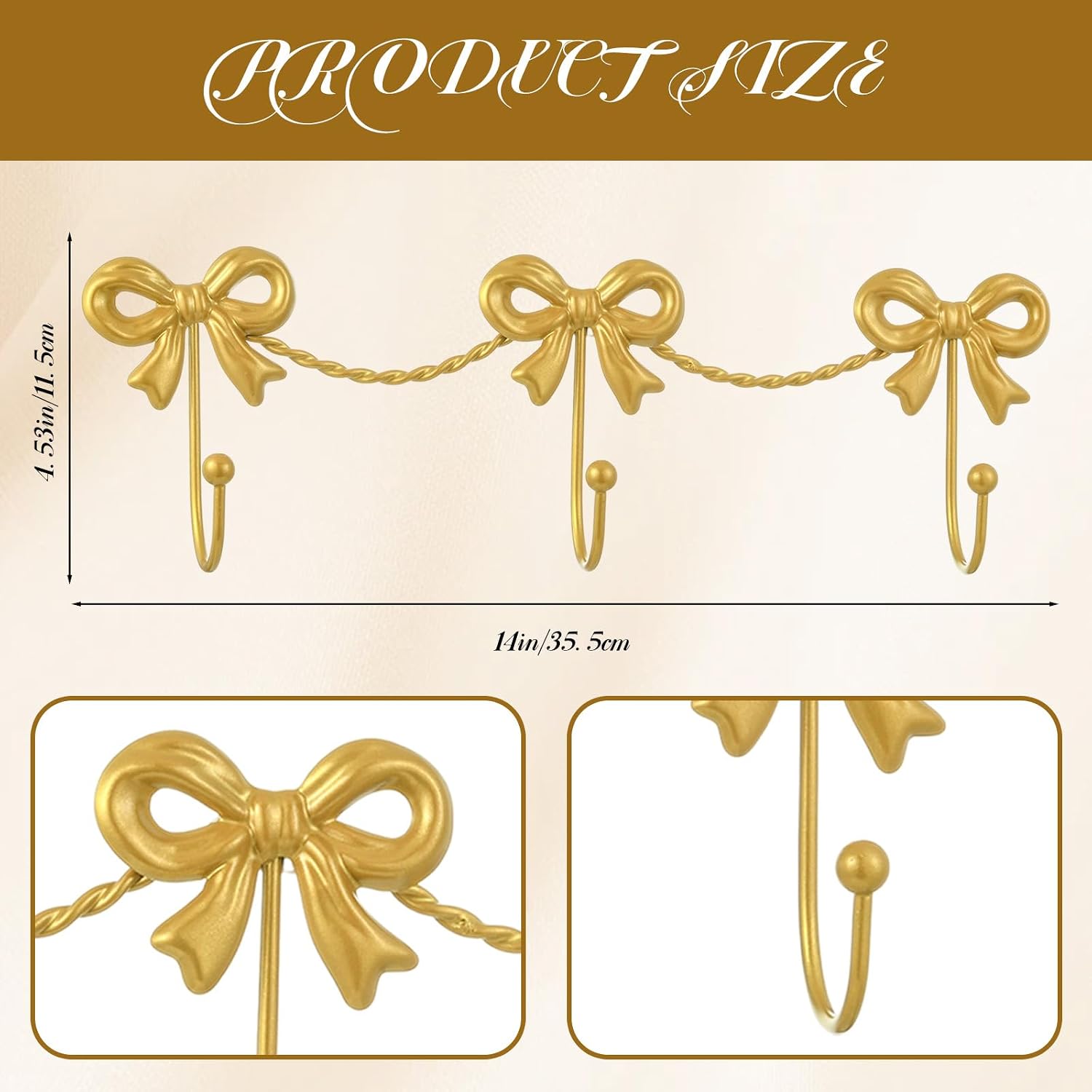 Gold Bow Decorative Wall Hooks for Hanging Things | Cute Bow Decor, Metal Purse Coat Hooks for Wall, for Bag Jackets Keys, Bathroom Bedroom Kitchen Home Bow Decoration