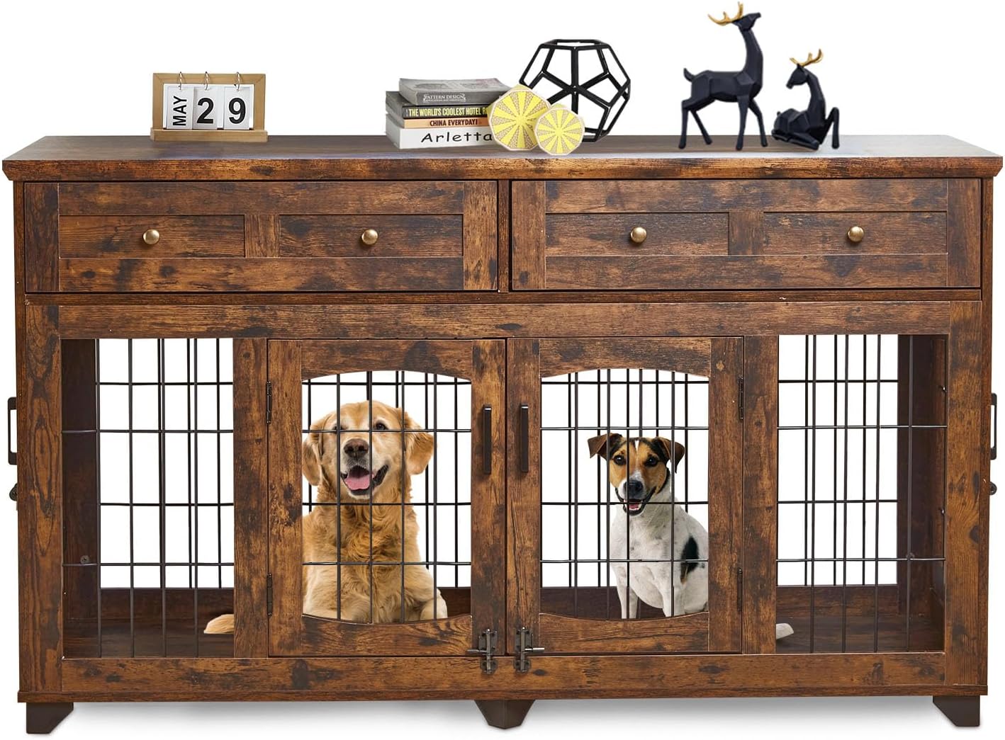 Large Dog Crate Furniture, Double Dog Kennel Furniture with 2 Drawers and Removable Divider, XXL Heavy Duty Wood Dog Crate Table for 2 Dogs Indoor (Gray, 58 in)
