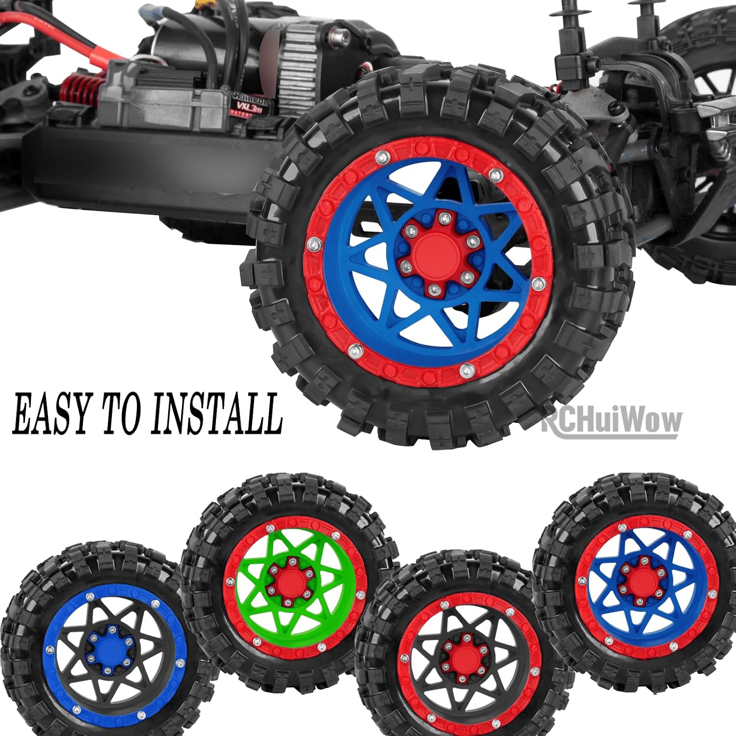 1/16 RC Wheels and Tires 4PCS, RCHuiWow 12mm Hex Plastic Rim Tires Set for 1/16 M-J-X16207-210,H-B-X16889-890,S-C-Y16101-106,Summit E-Revo Gorgon Grom,Mini Kraton 3S RC Truck Upgrades,Navy Blue&Red