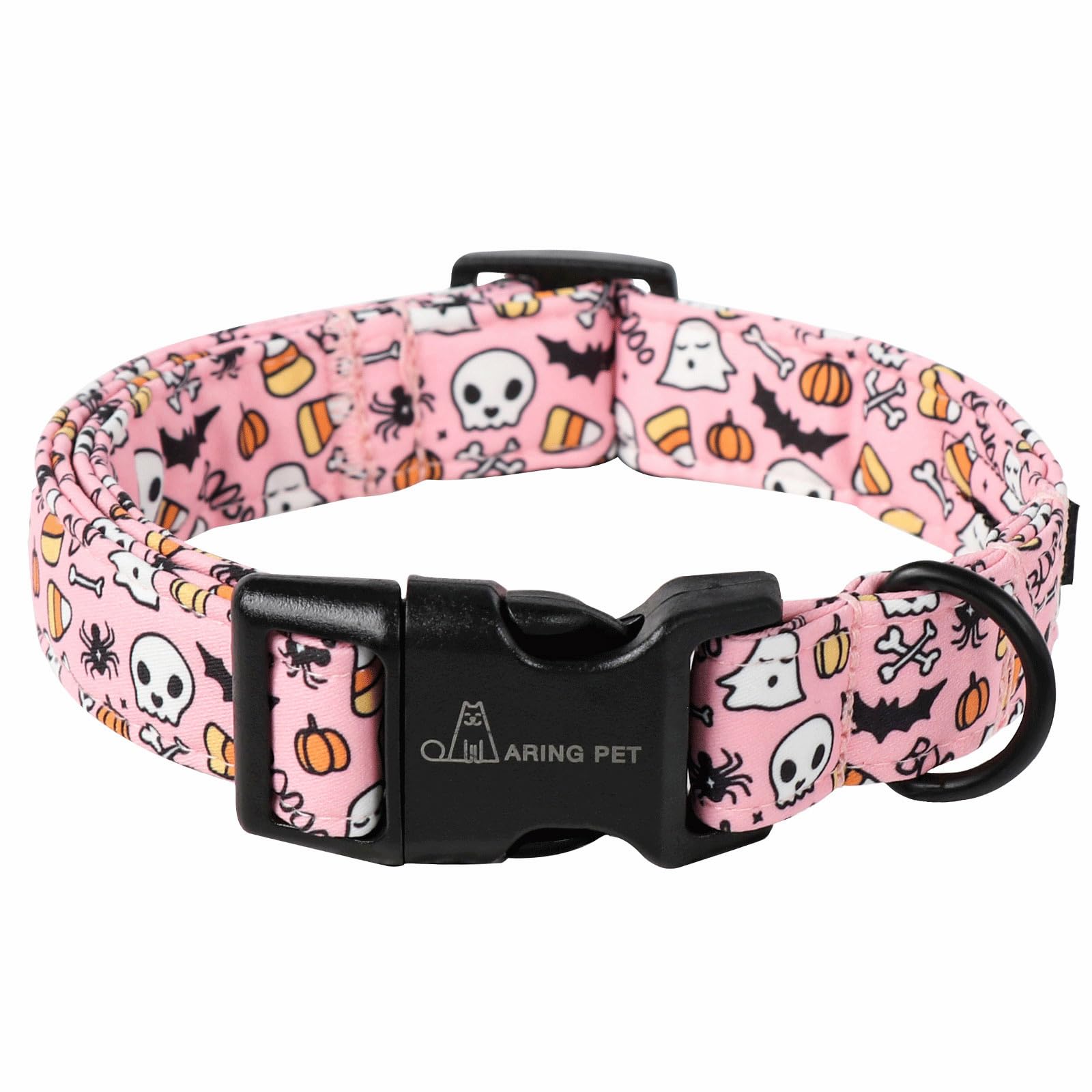 ARING PET Halloween Dog Collars, Cute Pink Pumpkin Ghost Bat Spider Skull Pet Collar with Quick Release Buckle for Small Medium Large Girl Boy Dogs-M
